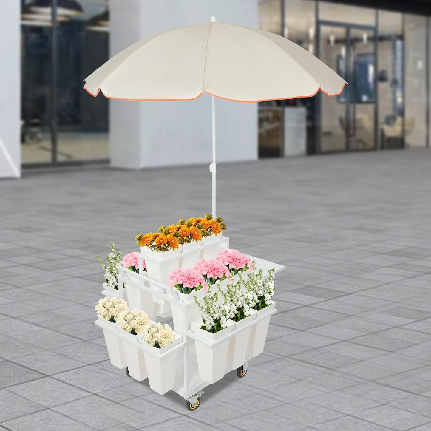 Flower Stand Cart with Large Umbrella 5x5.8ft, 110lb Capacity Metal Flower Bar with Wheels, Flower Plant Stand with 18 Buckets, 3 Tier Rolling Stand Cart for Indoor Outdoor Patio Garden Florist (Silver White)
