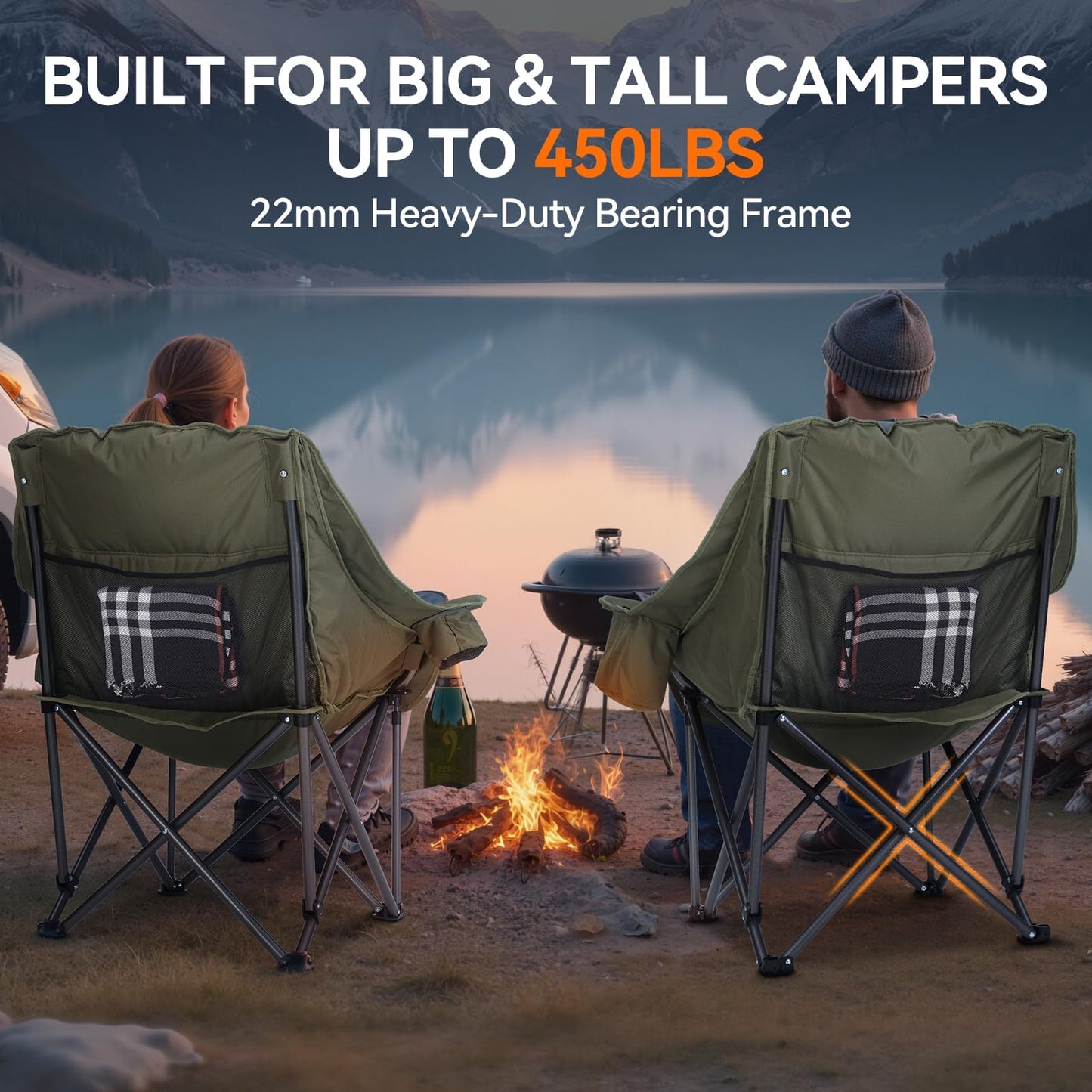 Huskfirm 2 Pack Camping Chairs Oversized Padded Camping Chair Heavy-Duty Foldable Camping Chairs with Cup Holder and Cooler Bag Portable Lawn Chair for Sports Outdoors-Support 450LBS,Green
