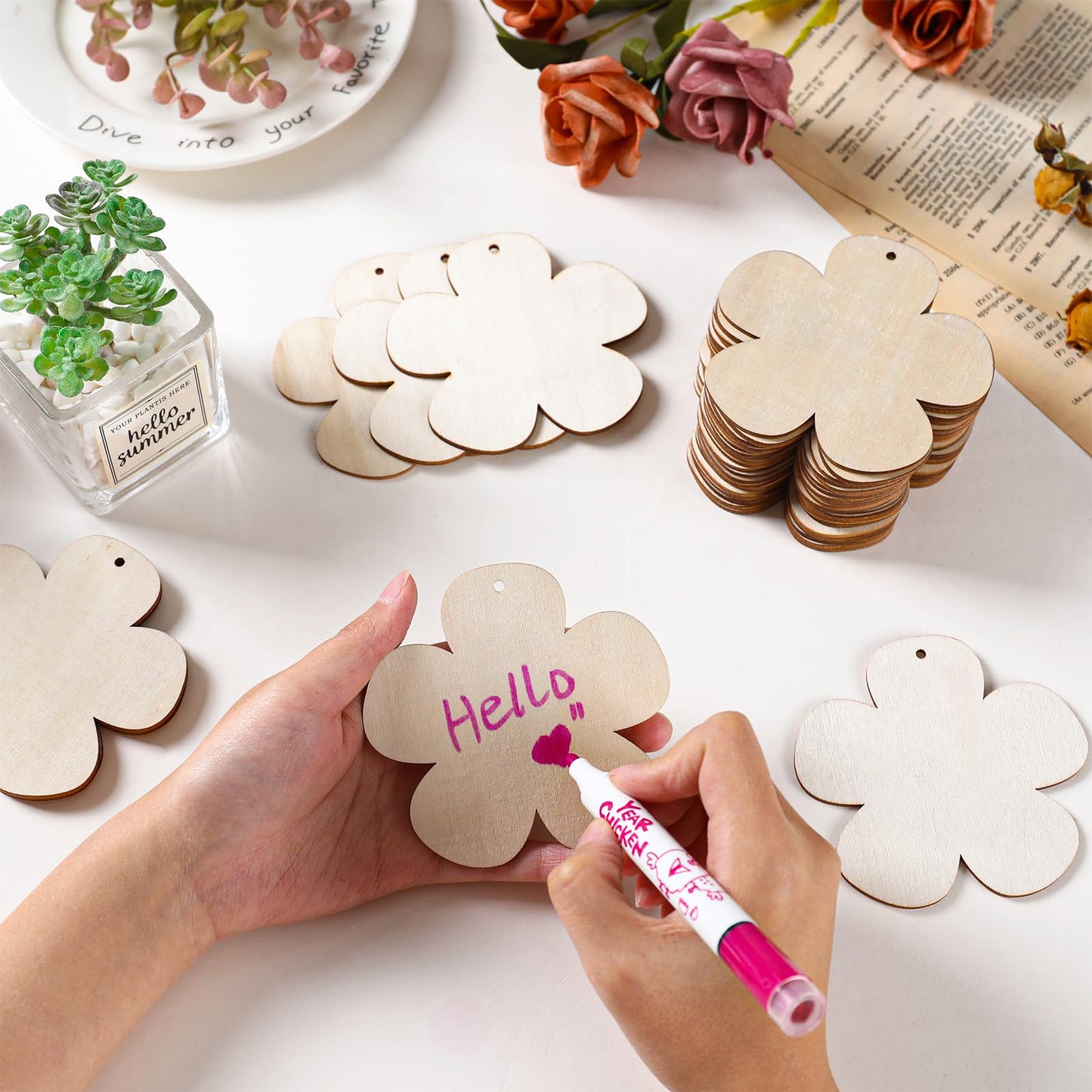 50 PCS Wooden Flowers for Crafts, Flower Shape DIY Blanks Unfinished Wood Crafts to Paint, Wooden Ornaments for Crafts Hanging, Unfinished Wood Cutouts for Christmas Tree Decorations, 3.4 * 3.5 inch