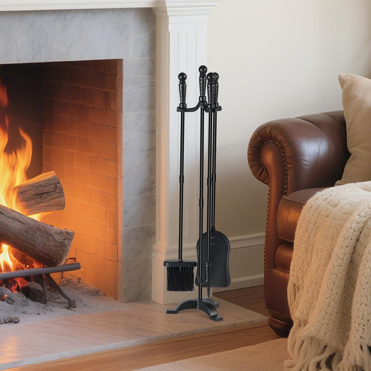 MAT 7-BANQUET Fireplace Tool Sets with Stand Cast Iron Fire Tools Fireplace Accessories Wood Burning with Poker Shovel Brush Wood Stove Tools Black