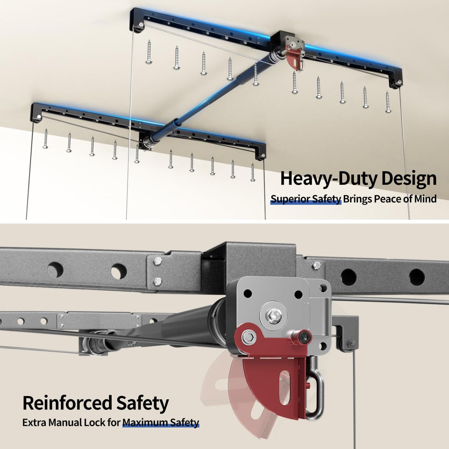 KOKORACKER Overhead Garage Storage Lift, Adjustable Heavy-duty 4x4 Ft Ceiling Racks with Safety Lock, Ideal for Storage Lifting Organization System, 250lbs Capacity
