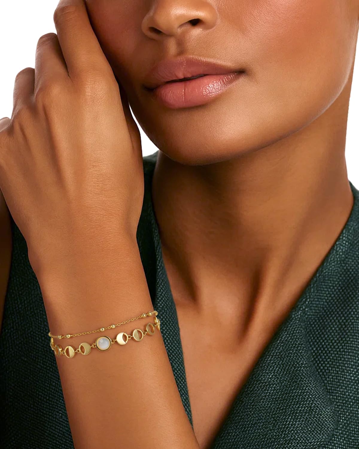 Moonstone Moon Phase Link Bracelet for Women, 14K Gold Plated Celestial New Full Moon Lunar Charm Double Layered Chain Gift for Birthday Christmas Boho Spiritual Jewelry for Wife Girlfriend Daughter