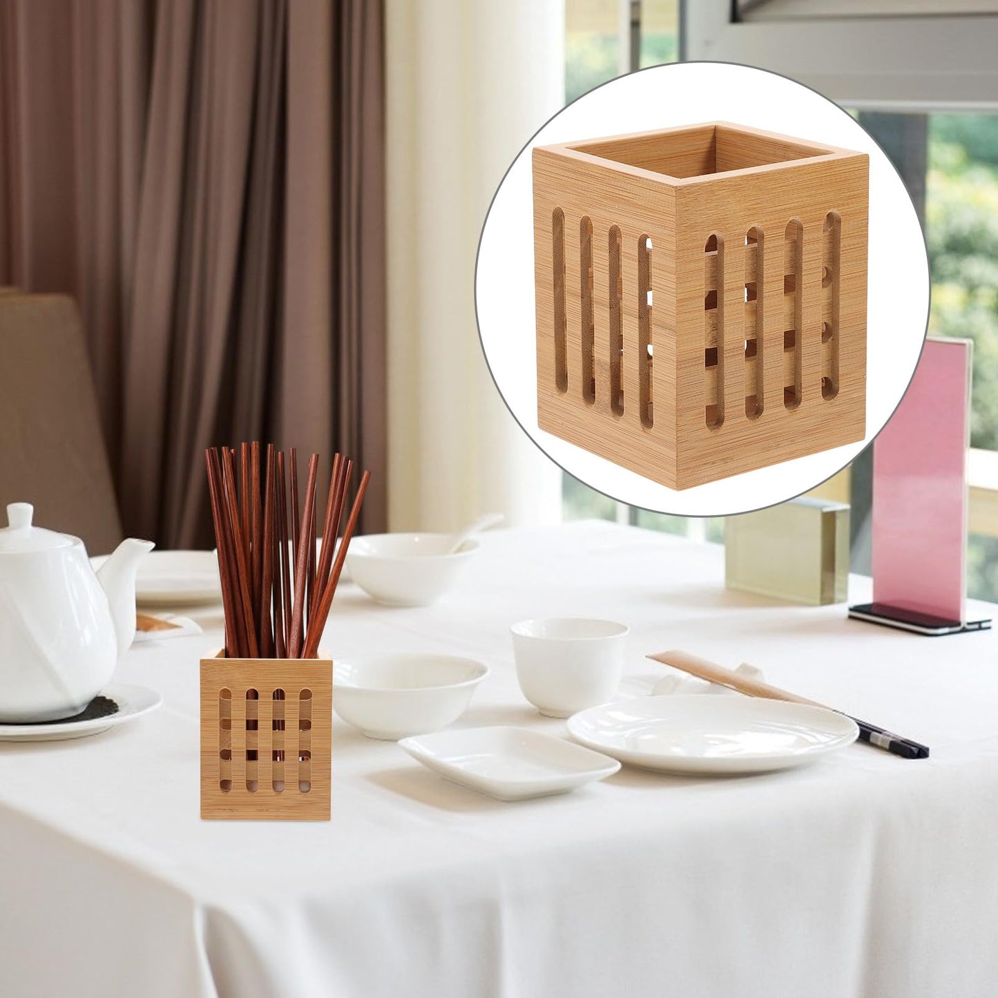 DOITOOL Bamboo Utensil Holder Wood Kitchen Utensil Holder for Napkin Spoon Chopstick Drying Rack Spatula Storage Organizer for Countertop Kitchen Decor