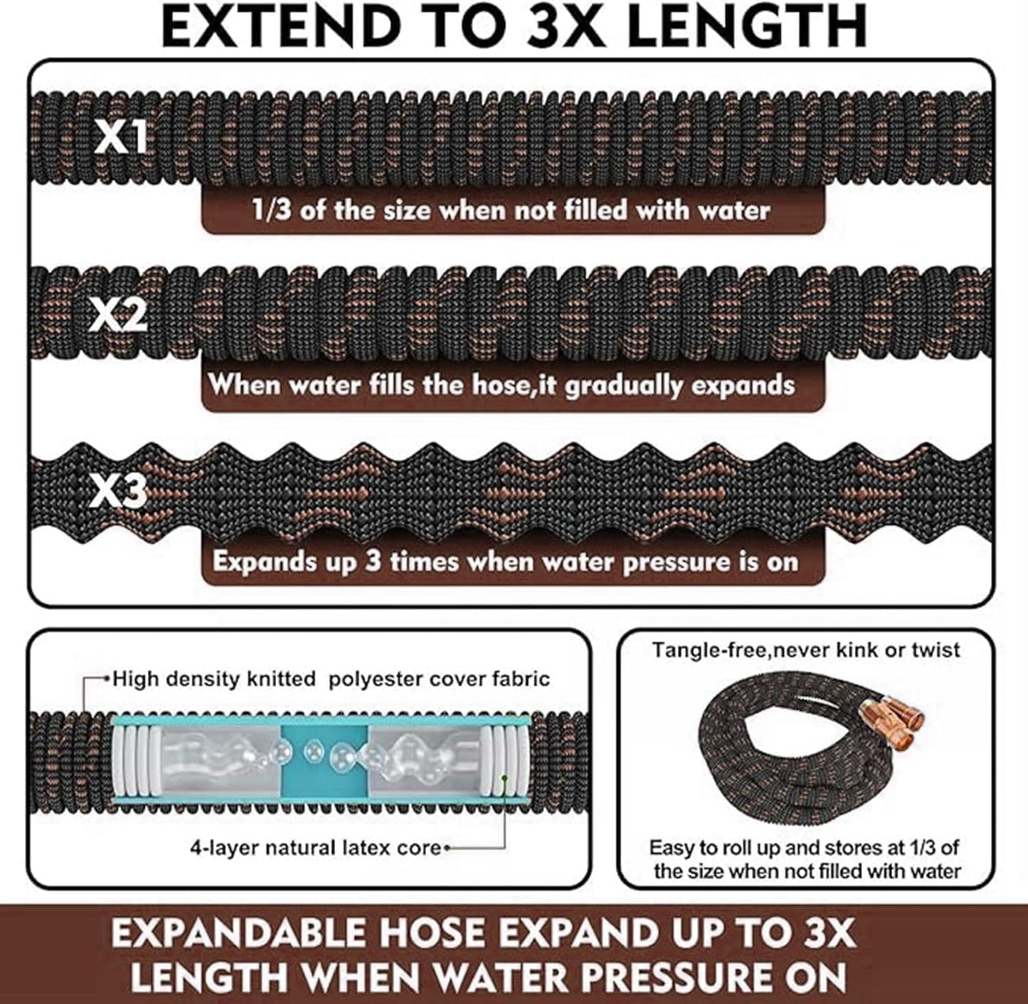 100FT Expandable Garden Hose - with 10-Function Spray Nozzle - Lightweight, Flexible, 3/4" Solid Brass Fittings-champagne