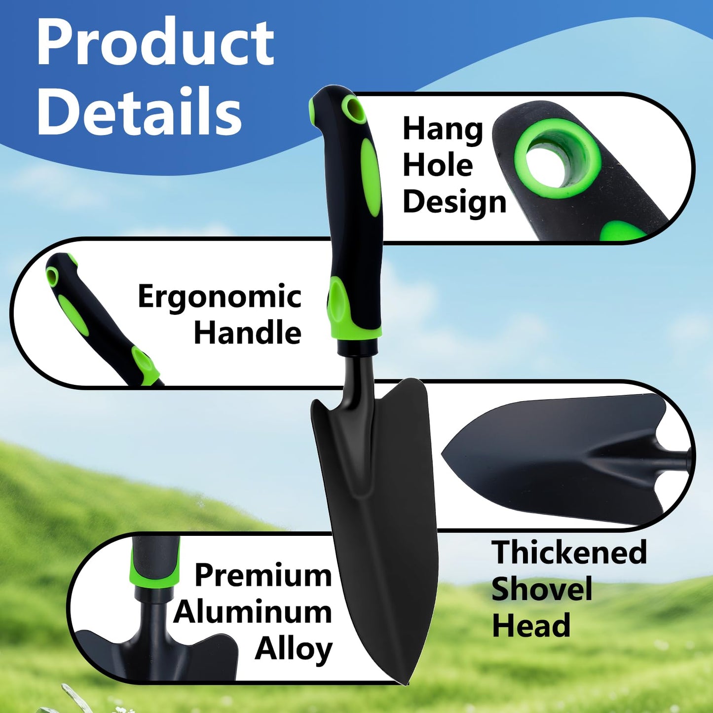 PIEMEET 12 Pcs Garden Shovel, Aluminum Alloy Trowel Garden, Heavy Duty Small Shovels, Metal Hand Trowel, Hand Shovel with Ergonomic Handle, Gardening Tools for Digging Weeding Planting Transplanting