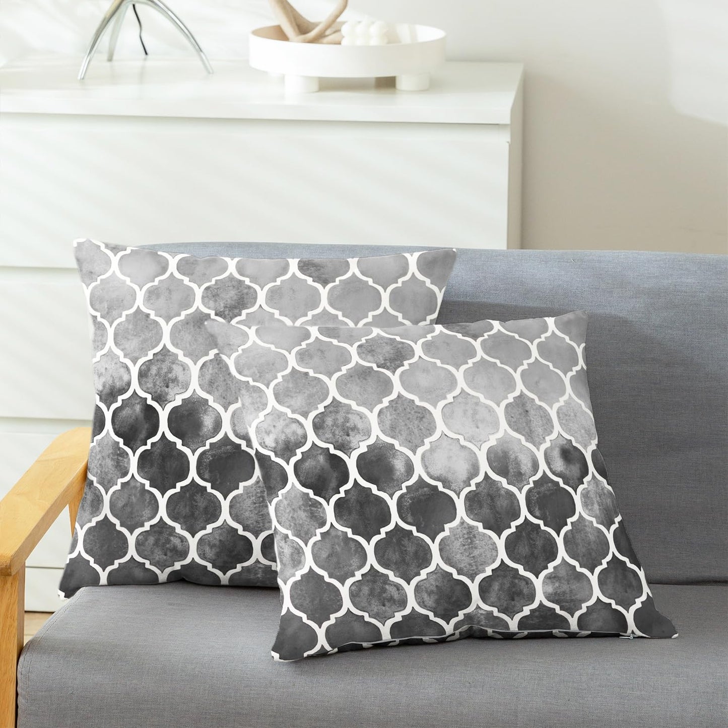 CaliTime Cushion Cover Pack of 2 Cosy Cushion Covers for Couch Bed Sofa Hand Painted Colourful Geometric Grid Chain Print 45 cm x 45 cm Main Grey Carbon