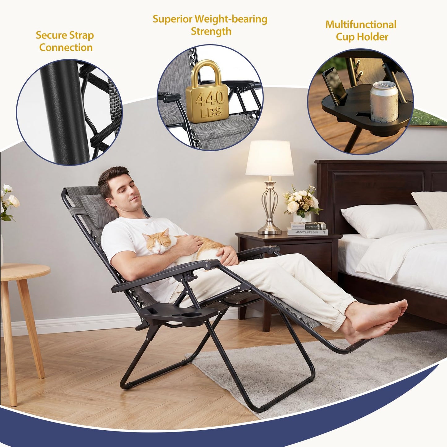 Sweetcrispy Zero Gravity Chairs, Set of 2 Portable Recliner Beach Camping Patio Outdoor Folding Lounge Chair with Cup Holder Trays and Adjustable Pillow for Poolside, Garden, Backyard, Lawn (Grey)
