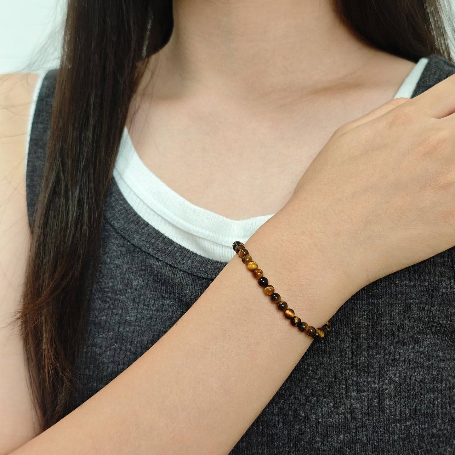 CHCCOYE 4mm Natural Healing Gemstone Bracelet Handmade Yoga Stretch Elastic Bracelet Stress Relief Crystal Jewelry for Men and Women (4mm, Yellow Tiger's Eye)