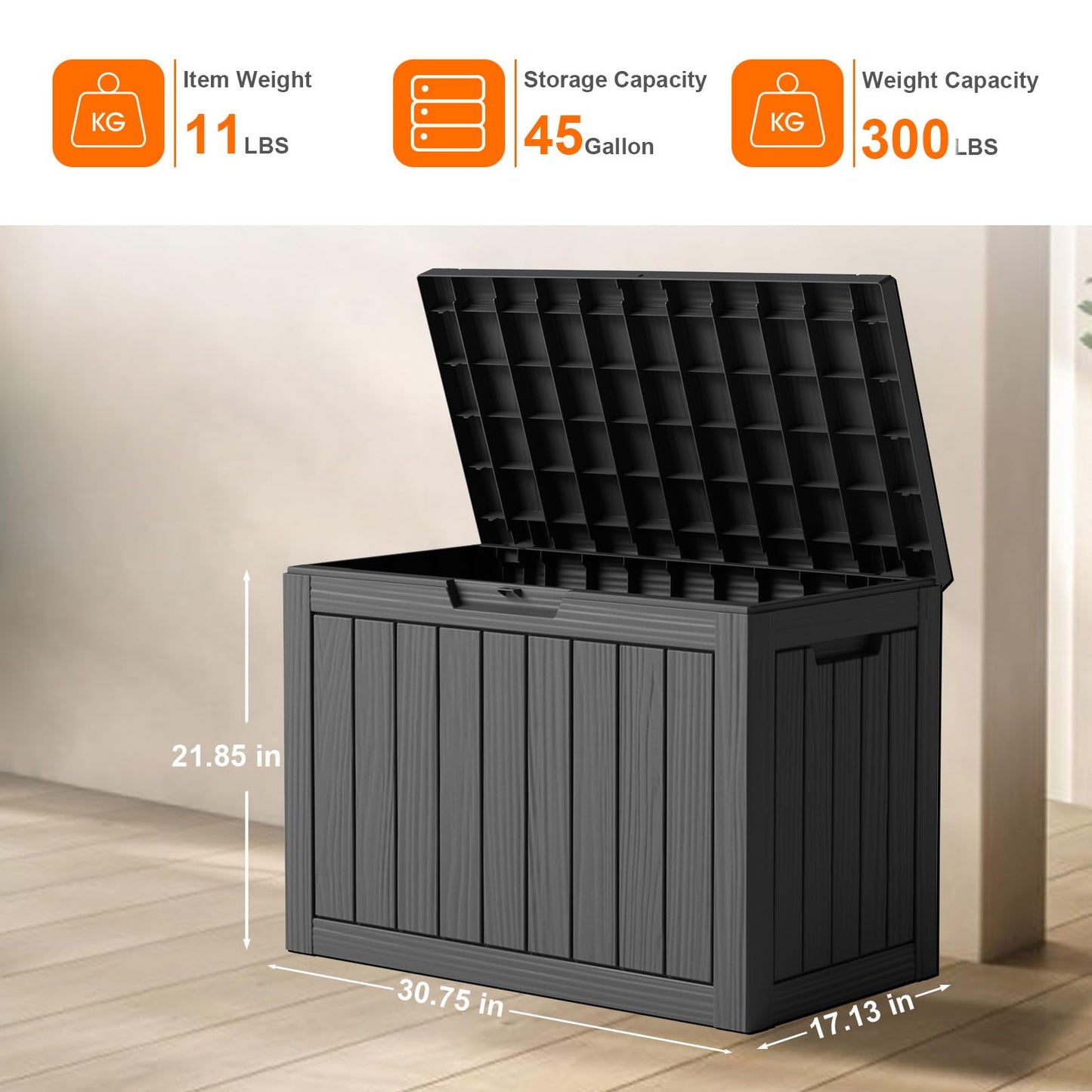 PatioZen 45 Gallon Resin Deck Box, Lockable Patio Outdoor Storage Box for Furniture, Garden Tools and Tools Storage, Waterproof Outside Storage Boxes - Black