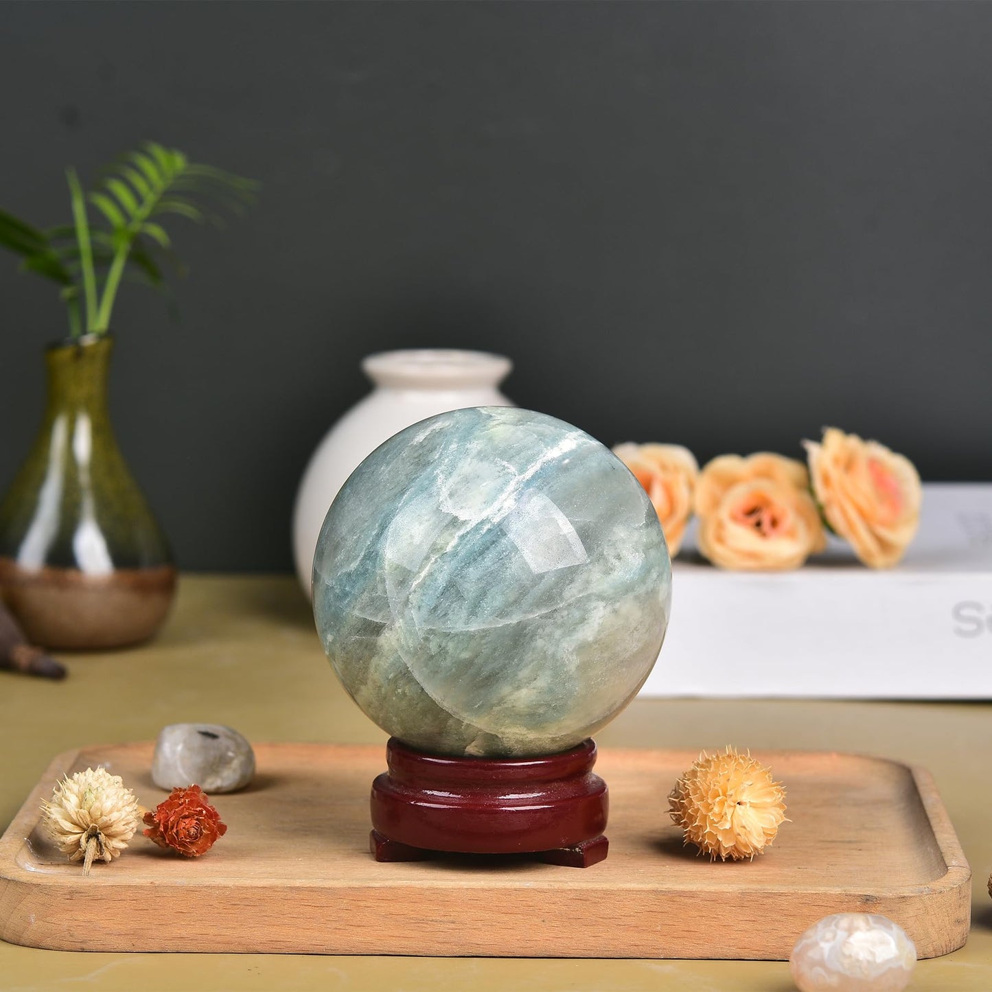 JIC Gem Natural Trolleite Crystal Ball Sphere Blue Healing Crystal Gemstone Ball with Display Stand Home Decor Meditation Grid Energy Balance (70-80mm)
