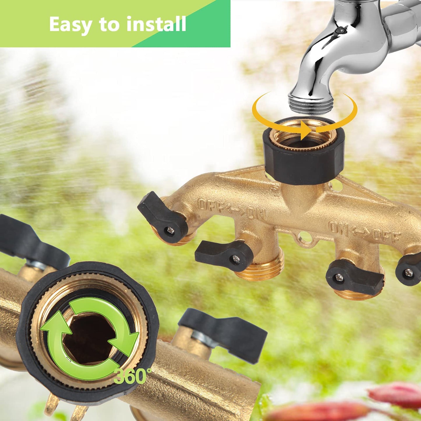 Heavy Duty Brass Garden Hose Splitter, 3/4" 4-Way "Y" Shut-Off Hose Connector Outlet Splitter Spigot Adapter with 2 Kink-Free Outdoor Faucet Extension Hose Protectors for House Lawn Patio Garden