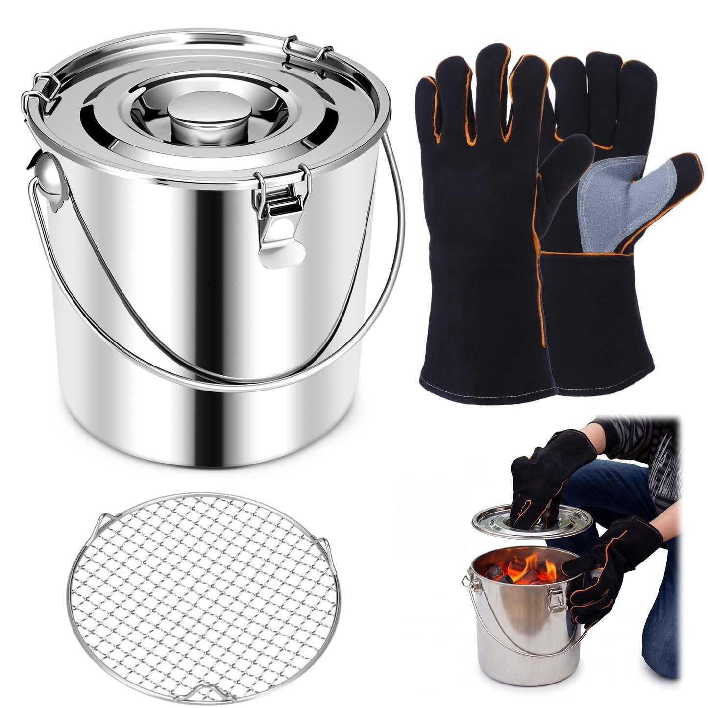 Mifoci 3 Pcs Charcoal Saver Kit 3 Gallon Stainless Steel Charcoal Extinguishing Bucket with Lockable Lid Coal Extinguishing Pot for Grills Wood Burning Stoves Campfires Ash Storage