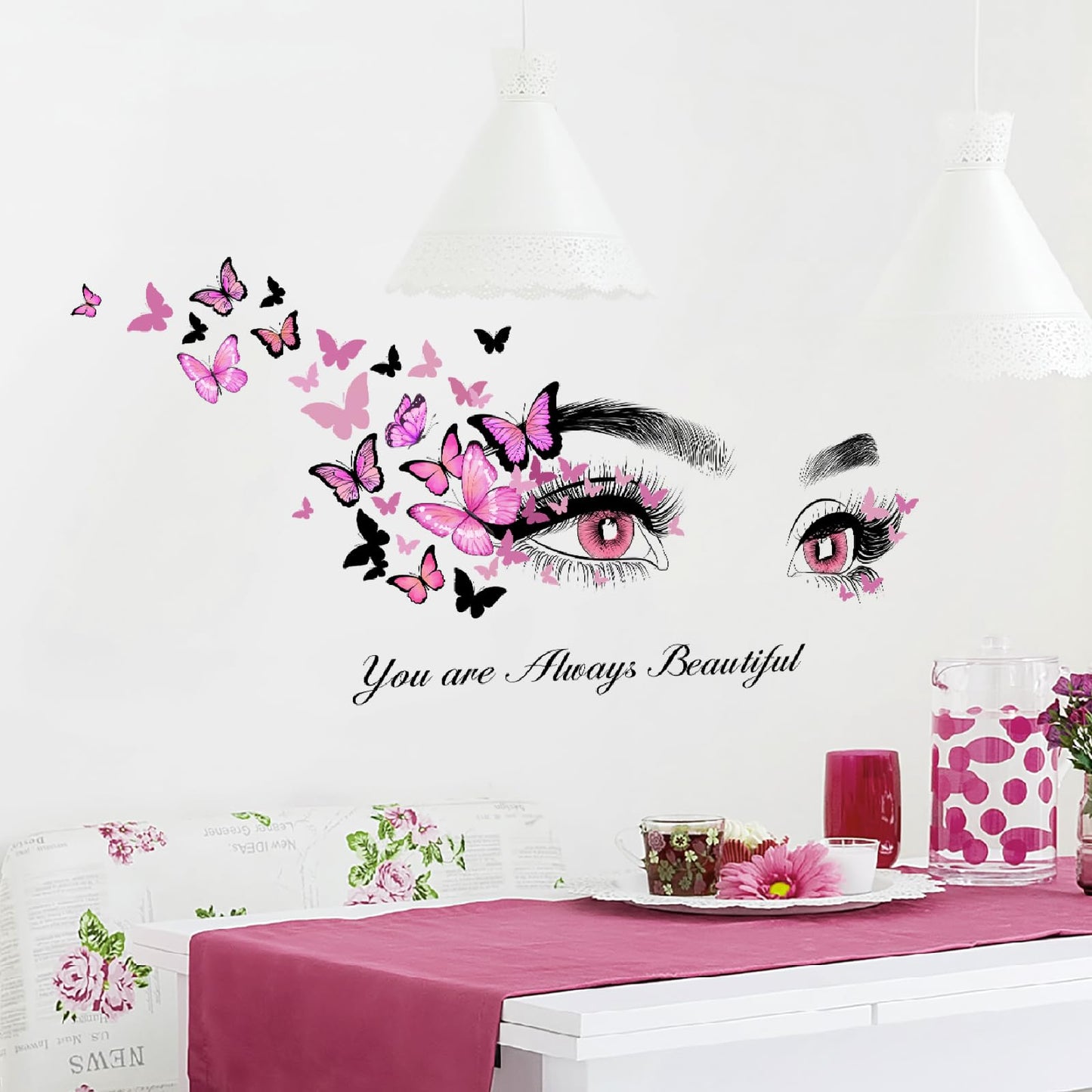 Beautiful Eyelash Eyes Wall Stickers Flying Butterfly Wall Decals You are Always Beautiful Quotes Wall-Decor Vinyl Art Butterflies Decor Stickers for Women Girls Bedroom Living Room Decor