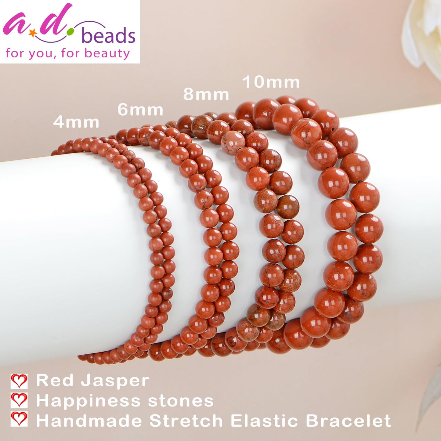 AD Beads Handmade Gemstone Stretch Elastic Bracelet Crystal Healing Reiki Nature's Beauty and Spiritual Essence Unisex (10mm, Red Jasper)