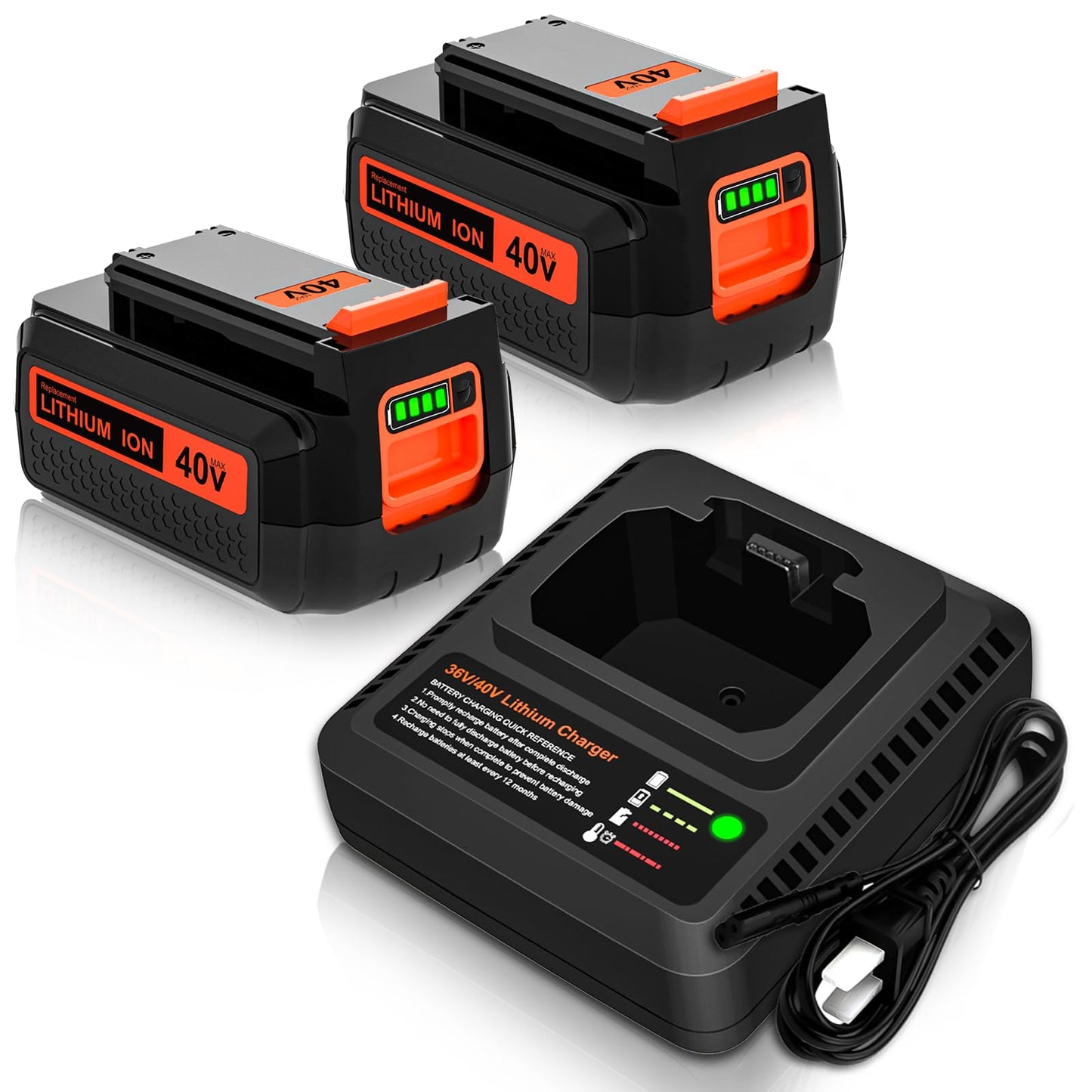 2-Pack 3600mAh LBX2040 Lithium ion Replacement Battery and Charger Compatible with Black and Decker 40 Volt Battery LBX2040 LBXR36 LBXR2036 LST540 LCS1240 LBX1540 LST136W Cordless Power Tool(Orange)