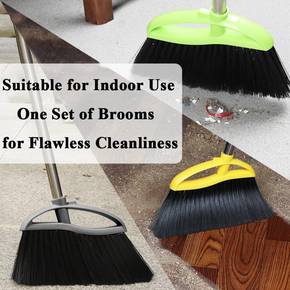 Chanhoo 3 Pack Soft Bristle Angle Broom for Floors - Wide Indoor Heavy Duty Broom with 38"-53.5" Adjustable Handle, Kitchen & Restaurant Use for Hardwood, Porch (Gray, Yellow, Green)