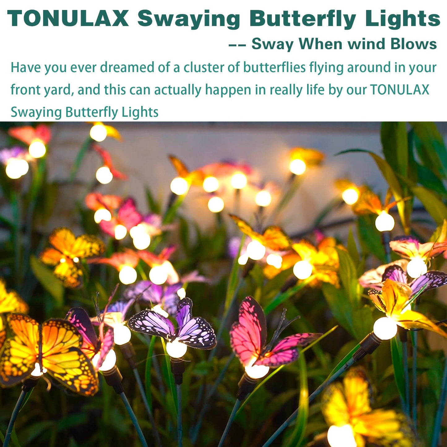 TONULAX Solar Garden Lights - 2 Pack Swaying Butterfly Light, Swaying in The Wind, Solar Outdoor Lights, Yard Patio Pathway Decoration, High Flexibility Iron Wire & Realistic Butterflies (2 Pack)