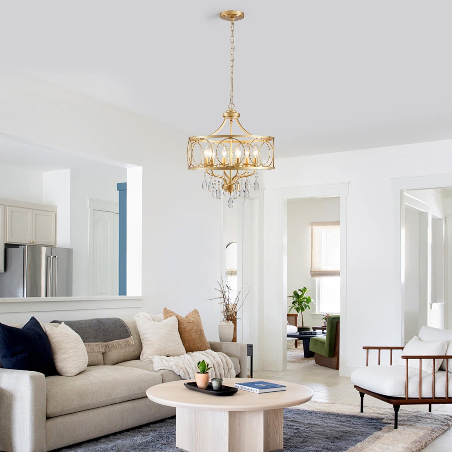 Majhoiw 6-Light Modern Gold Crystal Chandelier, 17.7" Farmhouse Ceiling Light Fixture, Hanging Metal Pendant Lights Kitchen Island Dining Room Entryway Foyer