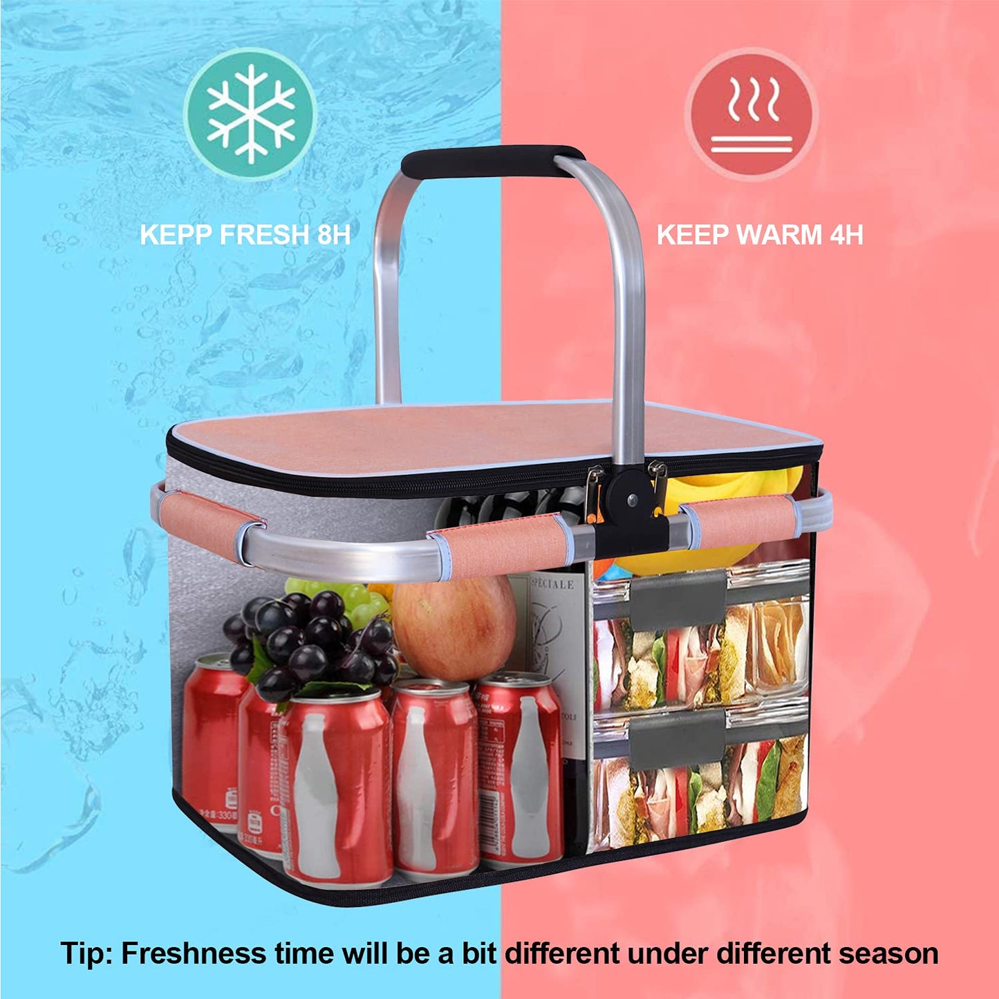 LIQING 35L Large Picnic Basket 2 Layers of Internal Pockets Leak-Proof and Insulated ，Folding with Internal Support for enhansed Stability, Wedding Gifts for Couple(Salmon Color)