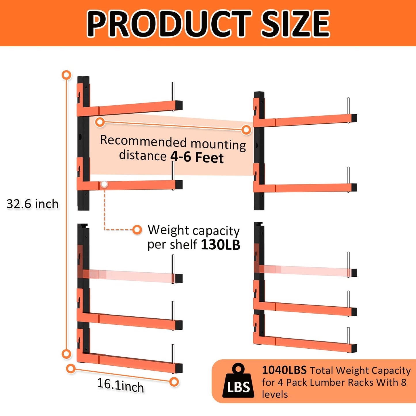 Mogbhw 4 Pack Lumber Storage Rack, Wall Mount Removable & Adjustable Lumber Rack with 8-Level Holds Up 1040 Lbs, Heavy Duty Metal Garage Wood Rack for Workshop, Basement, Indoor and Outdoor