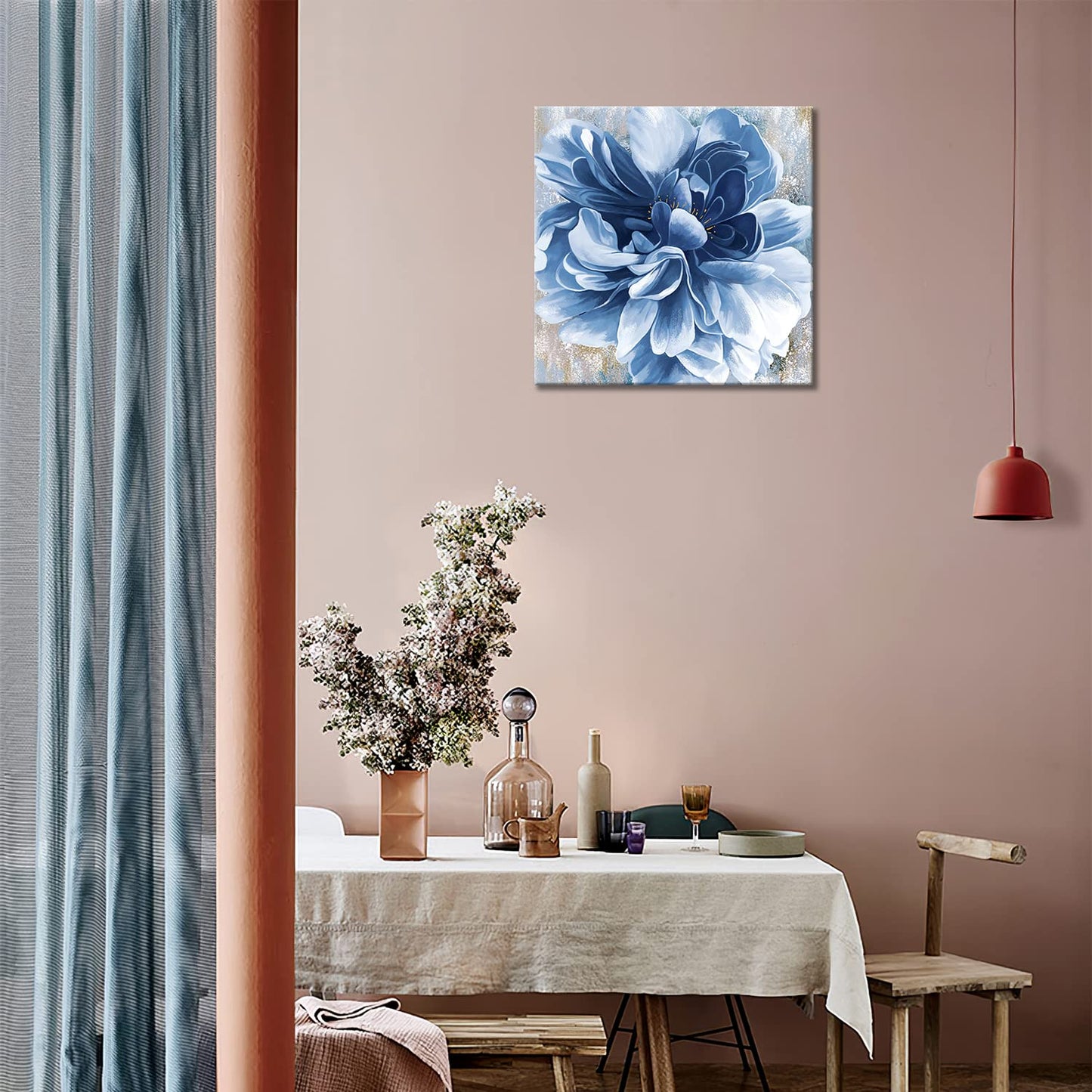 Blue Flower Wall Art,Navy Blue Floral Canvas Print Nature Scenery Wall Art for Living Room Bedroom Wall Painting Decoration Modern Artwork
