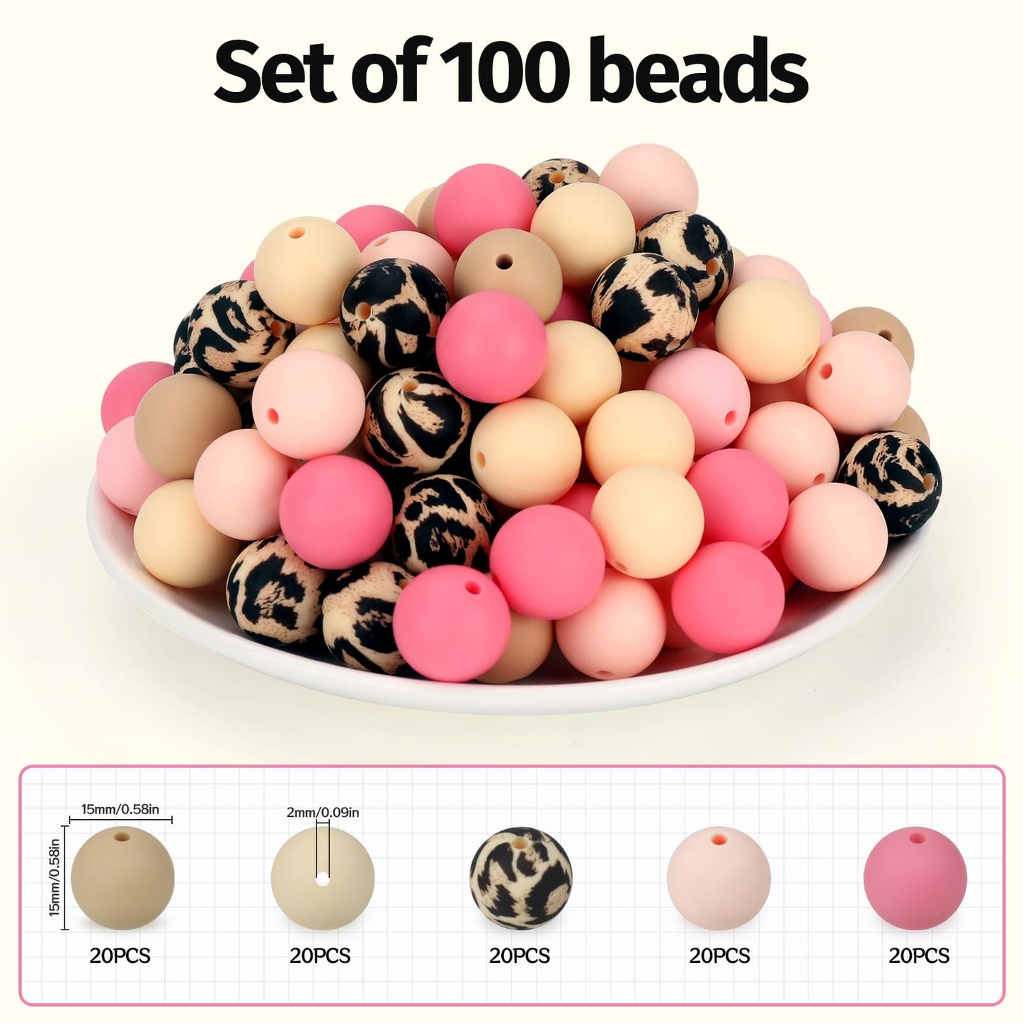 SALUOKE 100 Pcs 15mm Silicone Beads for Keychain Making, Pink Gream Silicone Beads Bulk Round for Bracelets Pens Crafts Jewelry Making (Pink Gream)