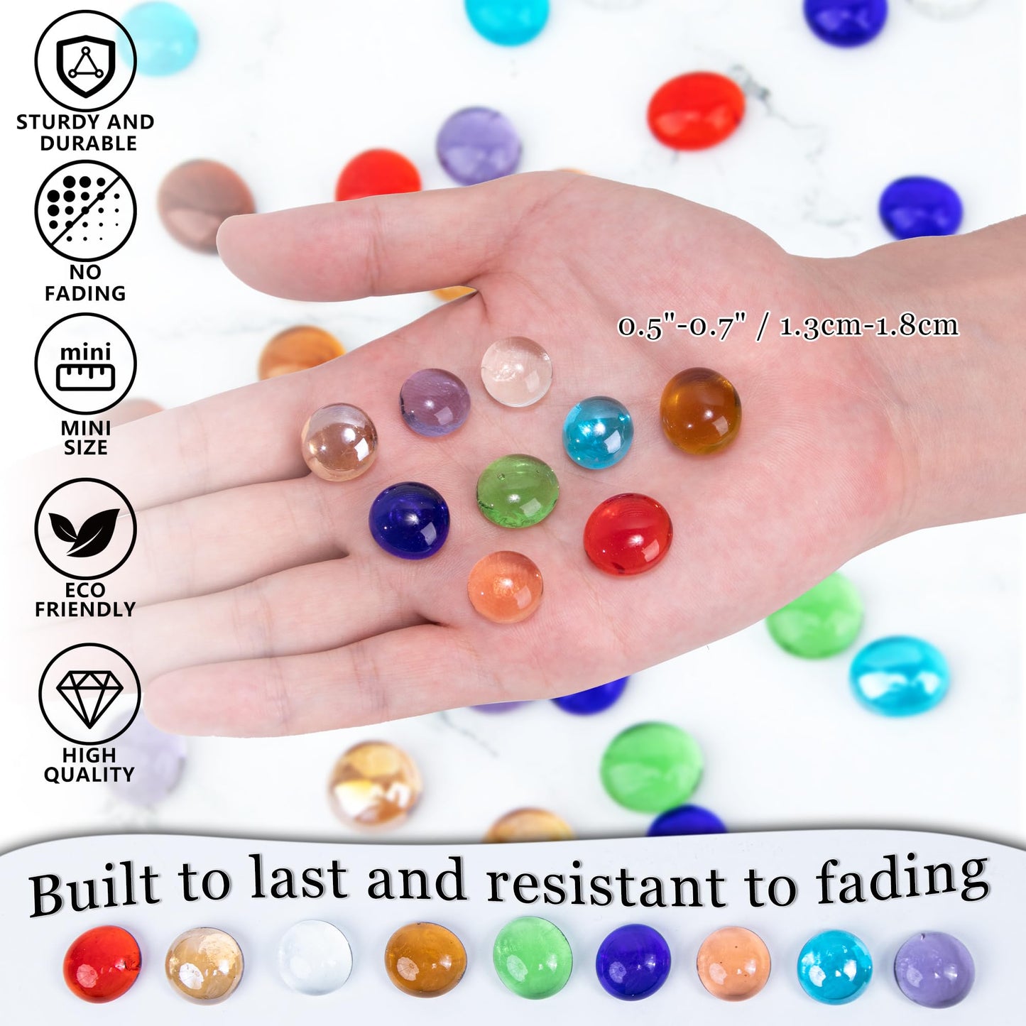50PCS Mini Glass Gems,Mixed Colour Mancala Stones Flat Bottom Marble Beads for Home Decorative Art Craft Vase Filler(0.5"~0.7")
