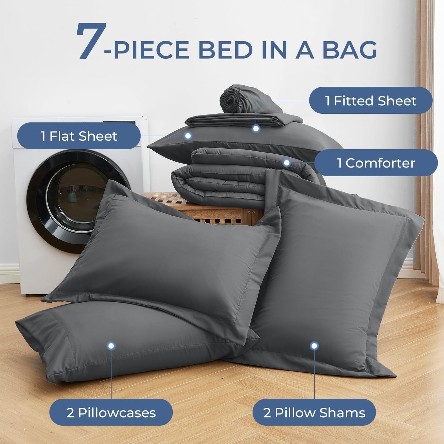 Sasttie Queen Comforter Set, 7 Pieces Bed in a Bag Queen, Complete Bedding Set Includes Grey Comforter, Flat Sheet, Fitted Sheet, Pillowcases and Pillow Shams, Dark Grey
