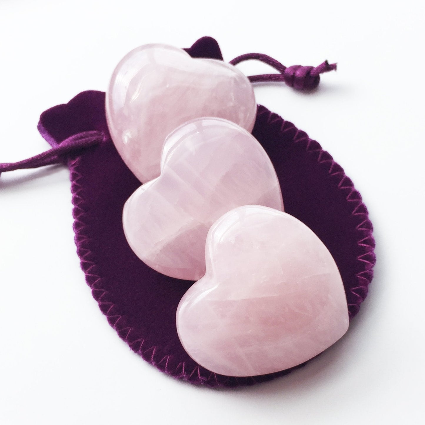 Polar Jade Set of 3 Hand-Carved Natural Rose Quartz Puffy Hearts – Healing Stones for Chakra Energy, Meditation, Massage, and Elegant Decoration