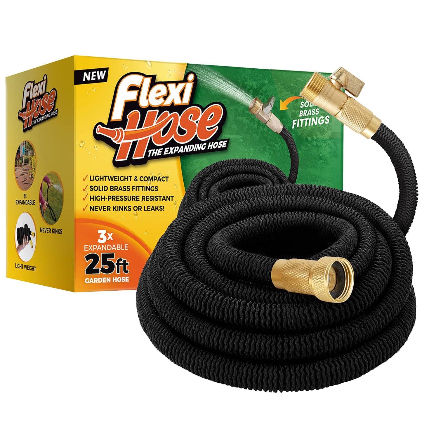 Flexi Hose Lightweight Expandable Garden Hose, 25FT -Retractable Garden Hose, Water Hose - No-Kink Flexibility, 3/4 Inch Solid Brass Fittings and Double Latex Core