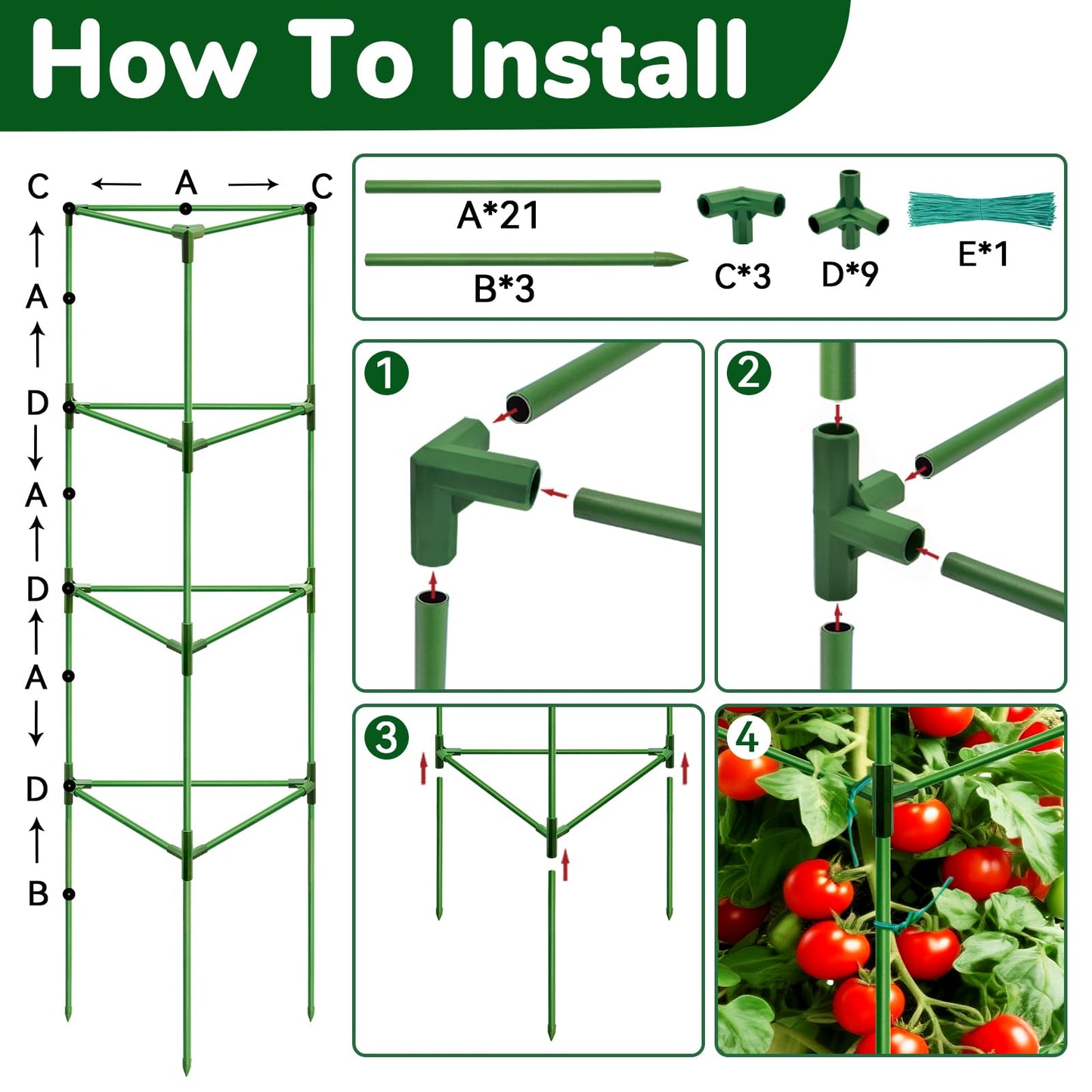ZeeDix 4 Pack Heavy Duty Tomato Cages 65 Inch, Large Tall Plant Support Stakes for Climbing Plants Heavy Vegetables, Adjustable Tomato Trellis for Pots & Outdoor Raised Garden Beds
