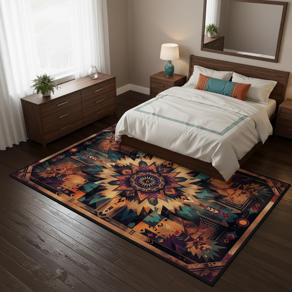 Southwestern Aztec Area Rug 5'x7' – Tribal Geometric Pattern Carpet for Living Room, Rustic Washable Boho Accent Decor, Native Inspired Non-Slip Floor Mat for Bedroom, Living Room, Cabin Lodge