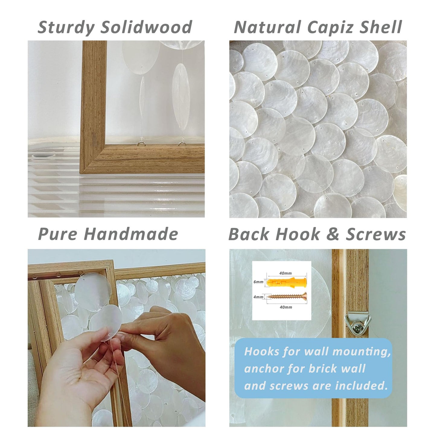 Bergamot 3D Handmade 24"x24" Capiz Shell Wall Hanging Decor, Solid Wooden Framed Coastal Wall Decor, Minimalist White Sea Shell Art for Living Room, Bedroom, Office