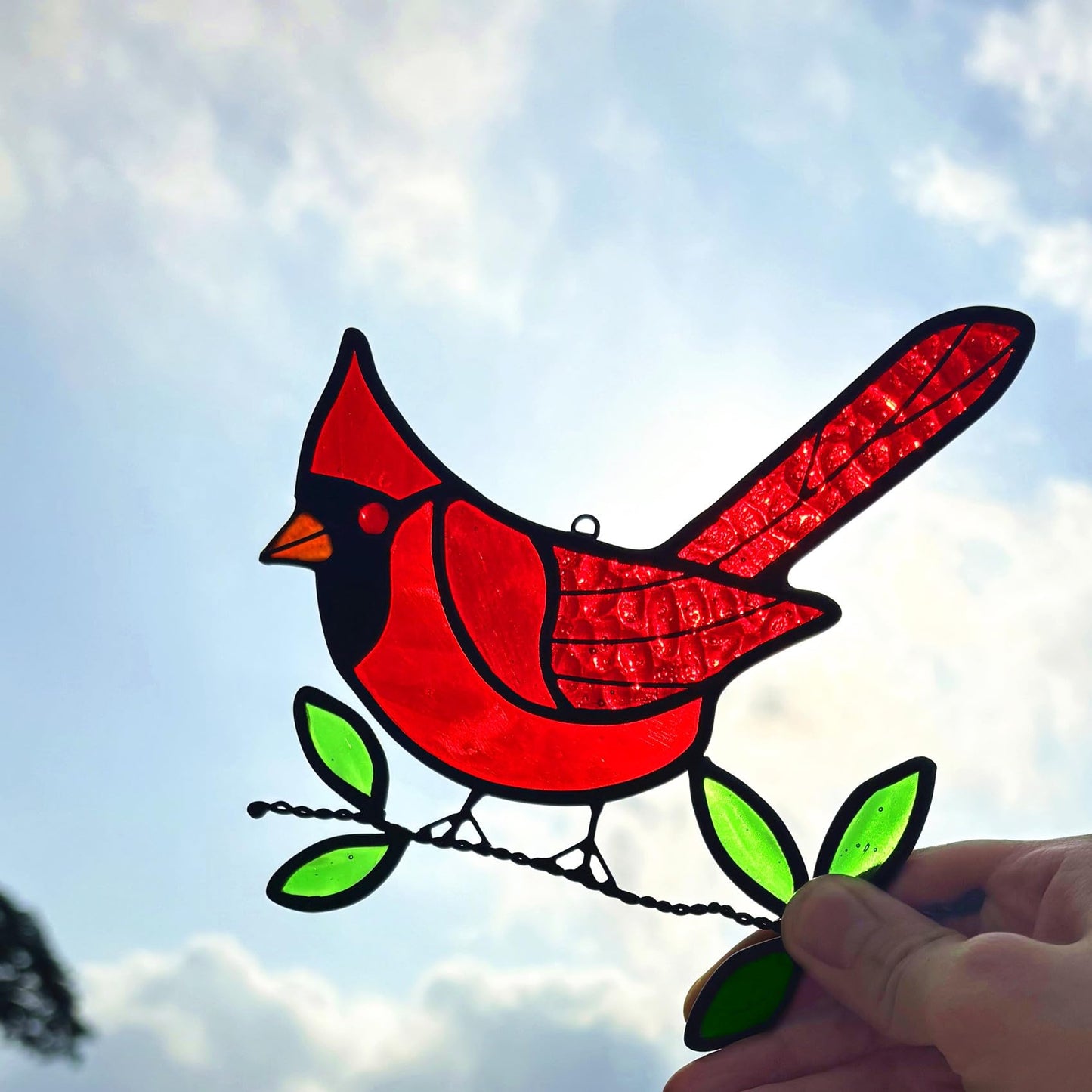 Lcensp 2 Packs Stained Glass Red Cardinal Memorial Gifts for Women, Stained Glass Window Hanging, Red Cardinal on Branch Ornament Suncatcher, Handmade Bird Decor Gift for Mom, Bird Lover