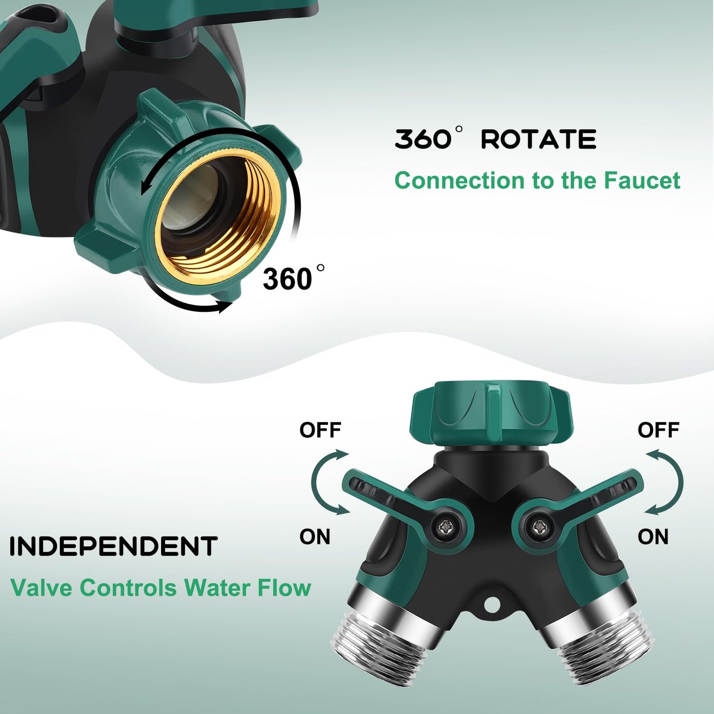 Garden Hose Splitter 2 Way, 3/4" Y Water Hose Splitter with Comfort Rubber Long Handle, Faucet Splitter, Heavy Duty Metal Connector with 2 Kink Free Faucet Extension Hose Protector
