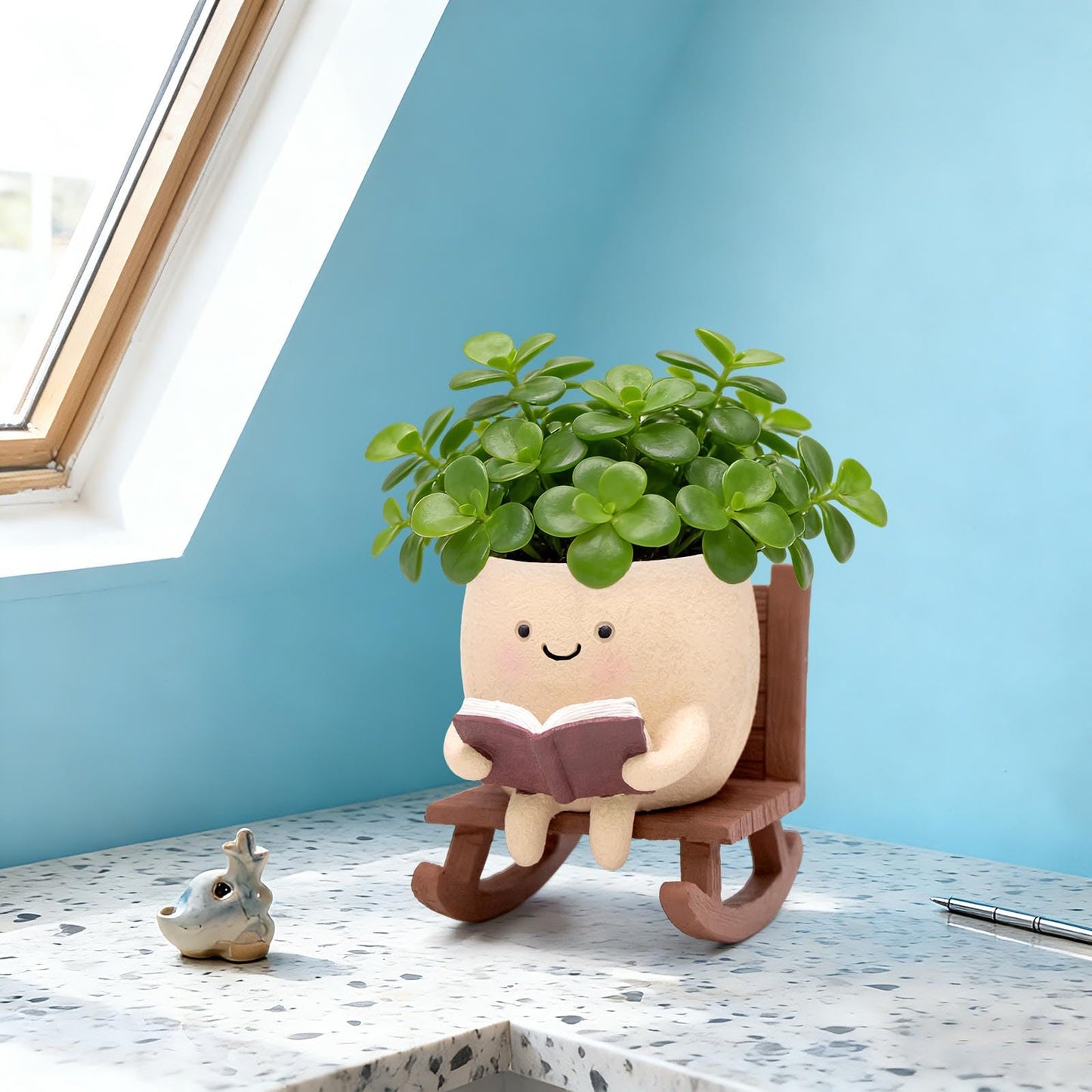YOUOIVIA Rocking Chair Book Planter, Cute Smiley Face Succulent Plant Pots for Indoor Outdoor Plants, Unique Funny Flower Pots with Drainage Hole, Plant Gifts for Mother's Day, Birthday, Christmas