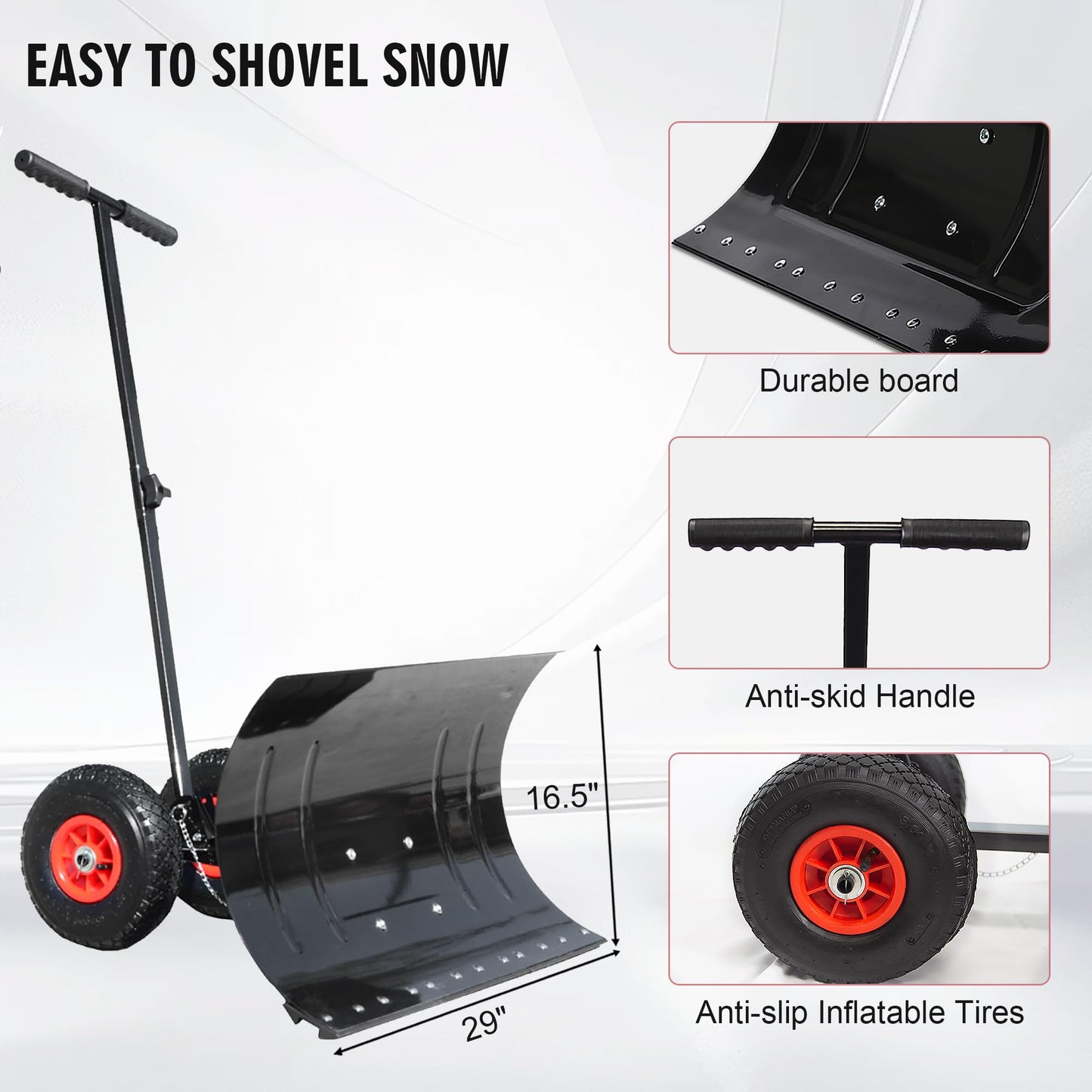 Single Rod Snow Shovel for Driveway - Lightweight Metal Snow Pusher with Wheels, 29" Adjustable Blade for One-Handed Snow Removal