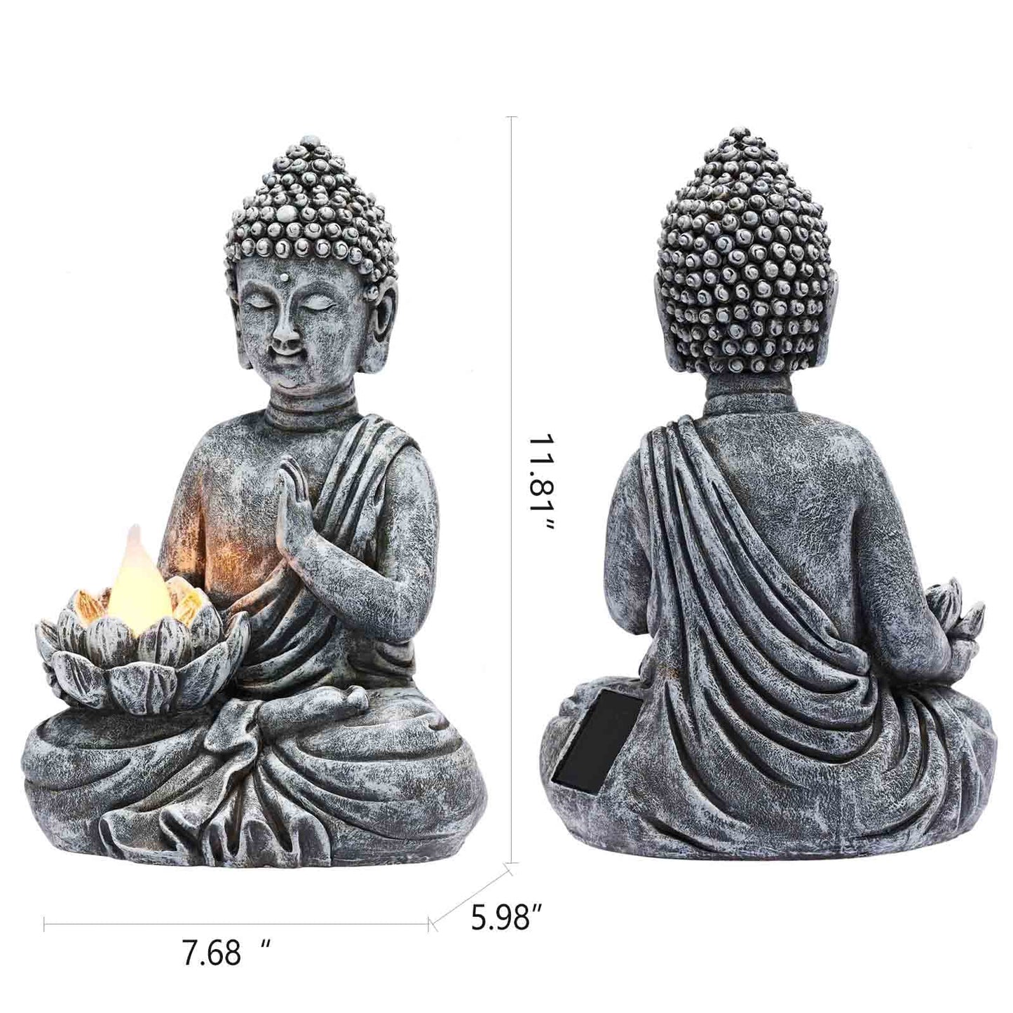 Yiosax Solar Buddha Statue - Outdoor Zen Sculpture With Flickering LED Lotus Light - Waterproof Garden Decor Gift - 11.81 Inch