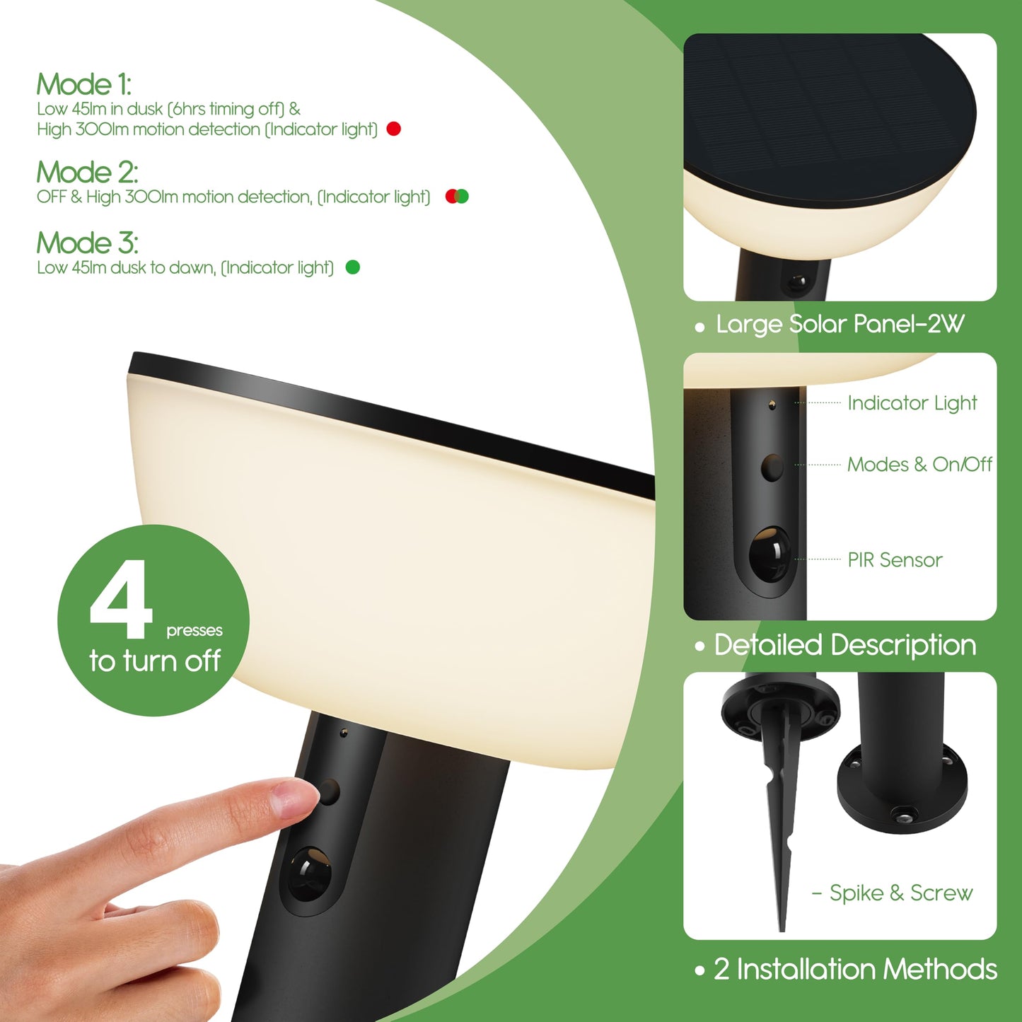 VerLuce Basin Series - 24.5" Solar Pathway Lights - Walkway Lights for Outside - PIR Sensor & Three Lighting Modes - Rechargeable Battery Lasts Up to 35 Hours - 2700K - Dark Sky Friendly - 4 Pack