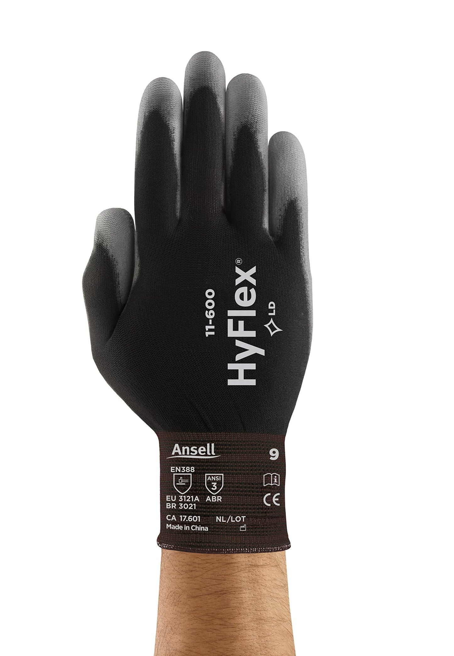 Ansell HYFLEX 11-600 Light Duty Nylon Industrial Gloves w/Palm Coating for Metal Fabrication, Automotive - XL (10), Black (1 Pair)