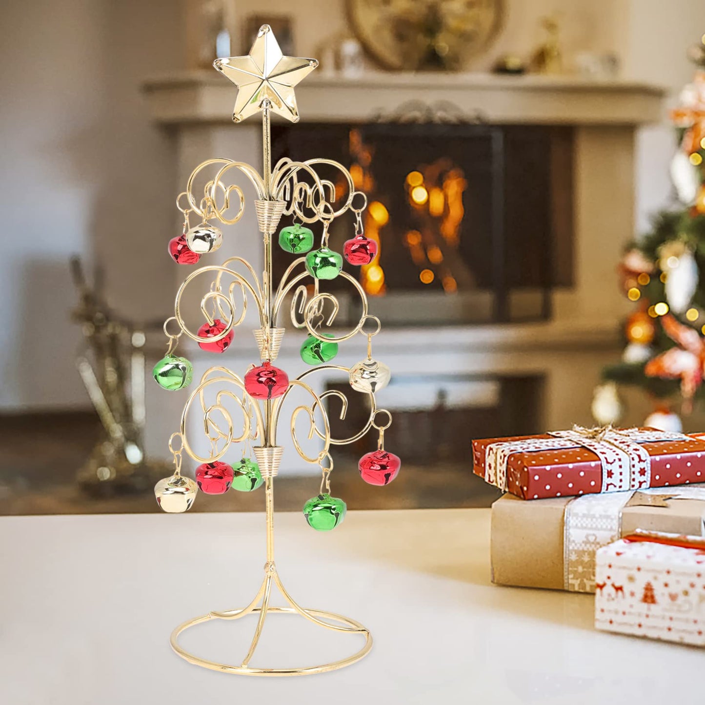 VICASKY Desktop Holiday Tree Ornament Metal Christmas Decoration Rotatable Calendar Xmas Ornaments Realistic Display Stand Gold Table Decor Tabletop Mini Trees (11.40X3.73 Inch)