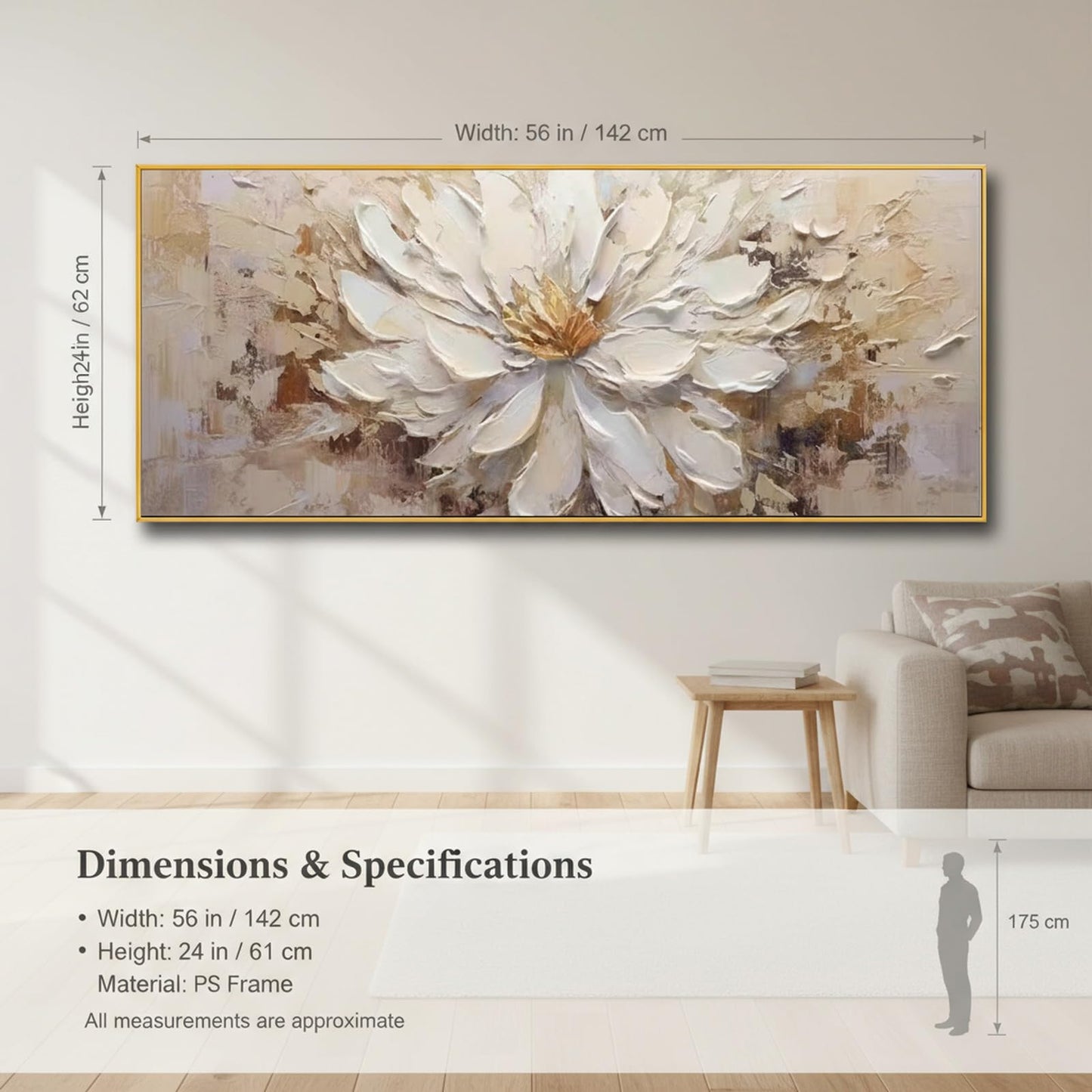 Hand-Painted Flower Canvas Oil Painting for Living Room, Large White Floral Canvas Wall Art for Bedroom,Gold Framed 3D Textured Painting for Office Kitchen Home Decoration 24x56 inches