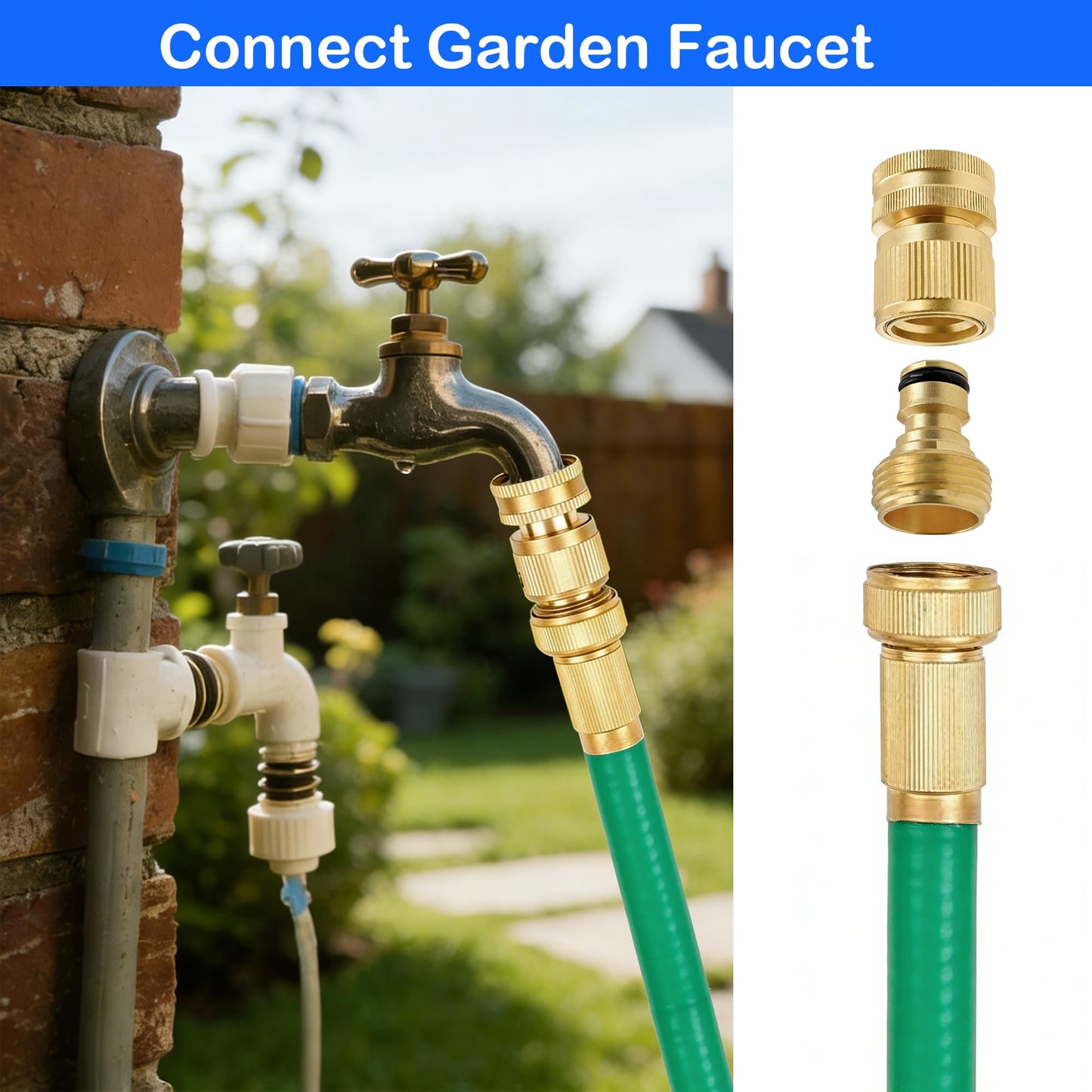 Hourleey Garden Hose Quick Connector, Solid Brass 3/4 Inch GHT Thread Garden Quick Connect Kit, Male and Female No-Leak Water Hose Fittings (8 Set)