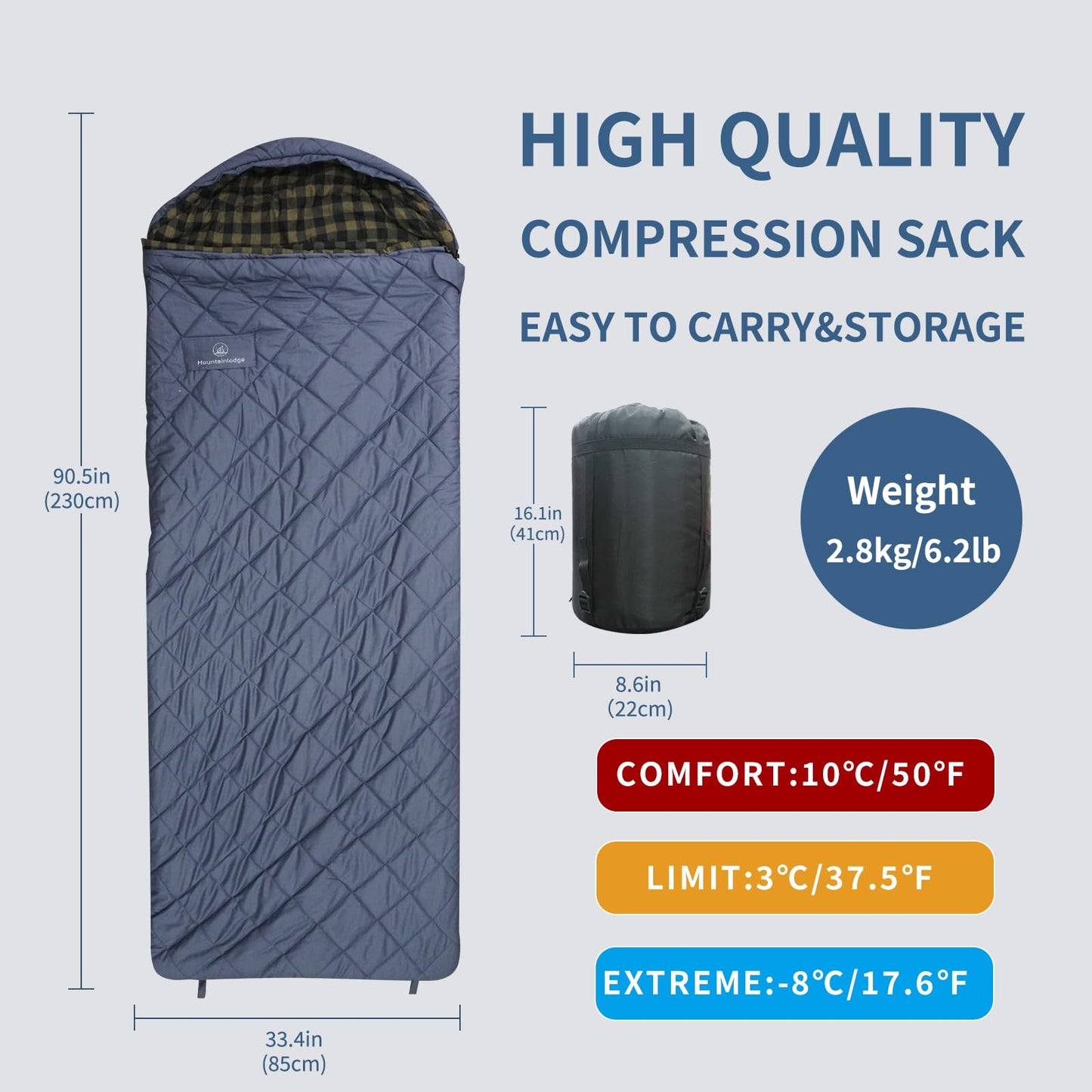 Mountainlodge 100% Cotton Shell and Lining Sleeping Bag for Adult Cold Weather with Compression Bag&Carry Bag for Camping,Travel and Car Camping (Little Grid Dark Blue with Left Hand)