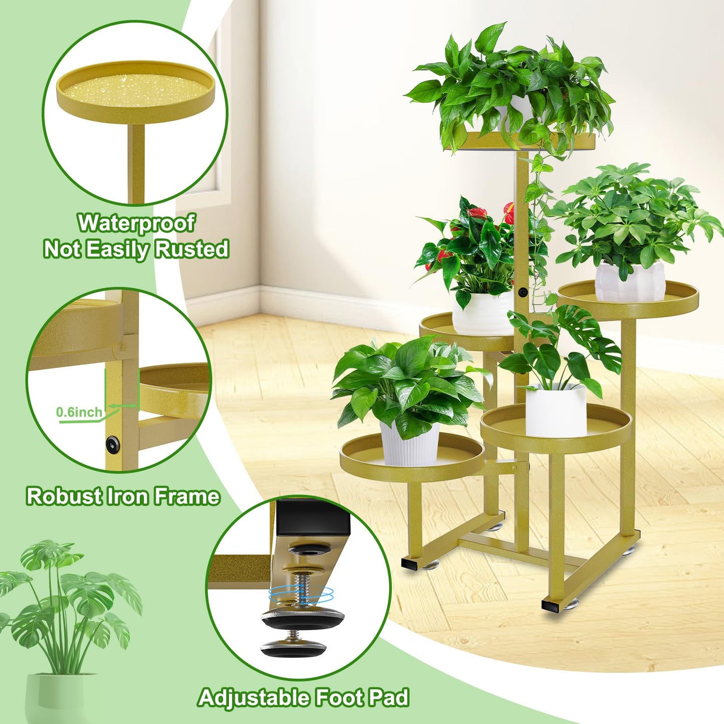 jsyonii Plant Stand for Indoor Outdoor Set of 2, 5 Tier Plant Stand, Metal Corner Plant Shelf Flower Holder Rack for Patio Porch Garden Balcony, Black, Gold