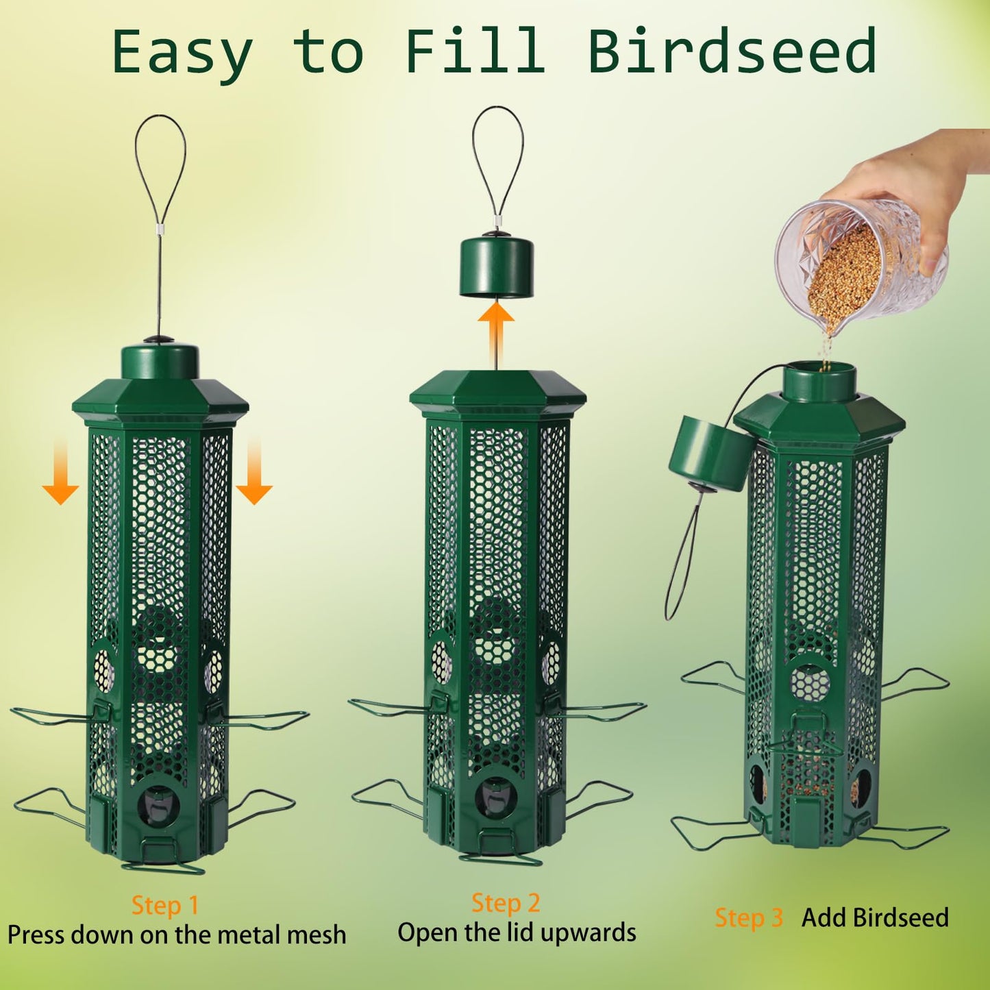 Squirrel Proof Bird Feeders with Removable Base, Metal Wild Bird Feeder for Outdoors Hanging, 6 Weight-Activated Ports Perches, 3LB Seed Capacity(Green)