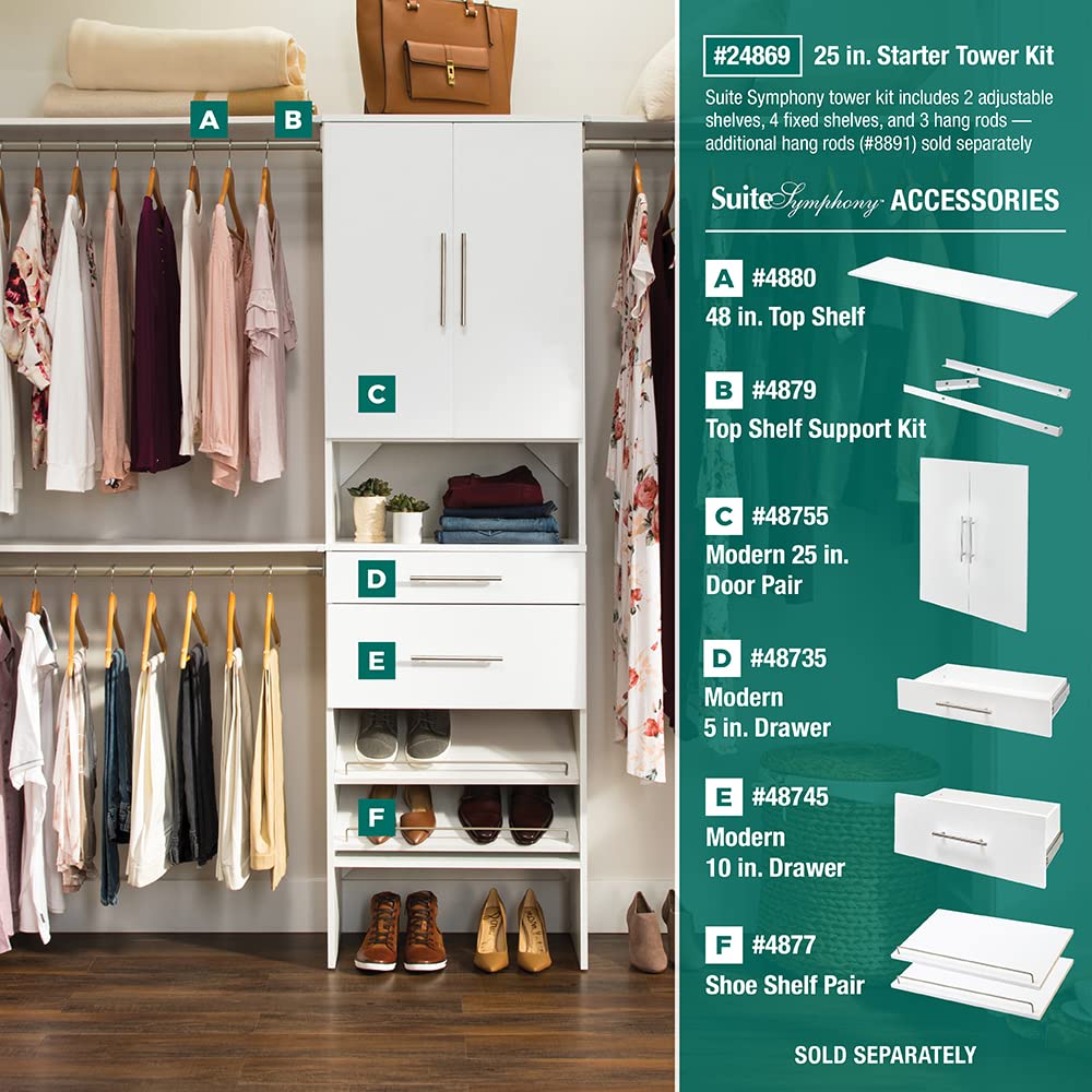 ClosetMaid SuiteSymphony Wood Closet Organizer System, 25-Inch Starter Kit with Tower and 3 Hang Rods and Shelving, Adjustable Shelves, Customizable Insert, Reach-in or Walk-in Closets, Pure White