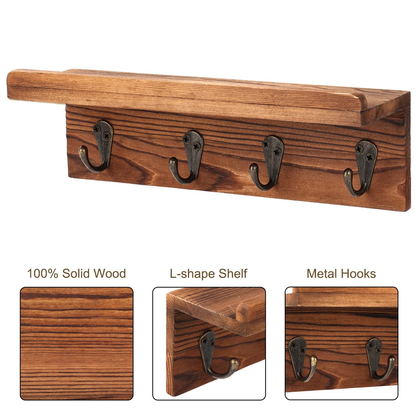 HRONRAD Rustic Key Holder for Wall, Farmhouse Wall Shelf with 4 Hooks, Wall Mounted Key Racks, Wooden Mail Organizer with Hooks for Entryway (Brown - Pine)