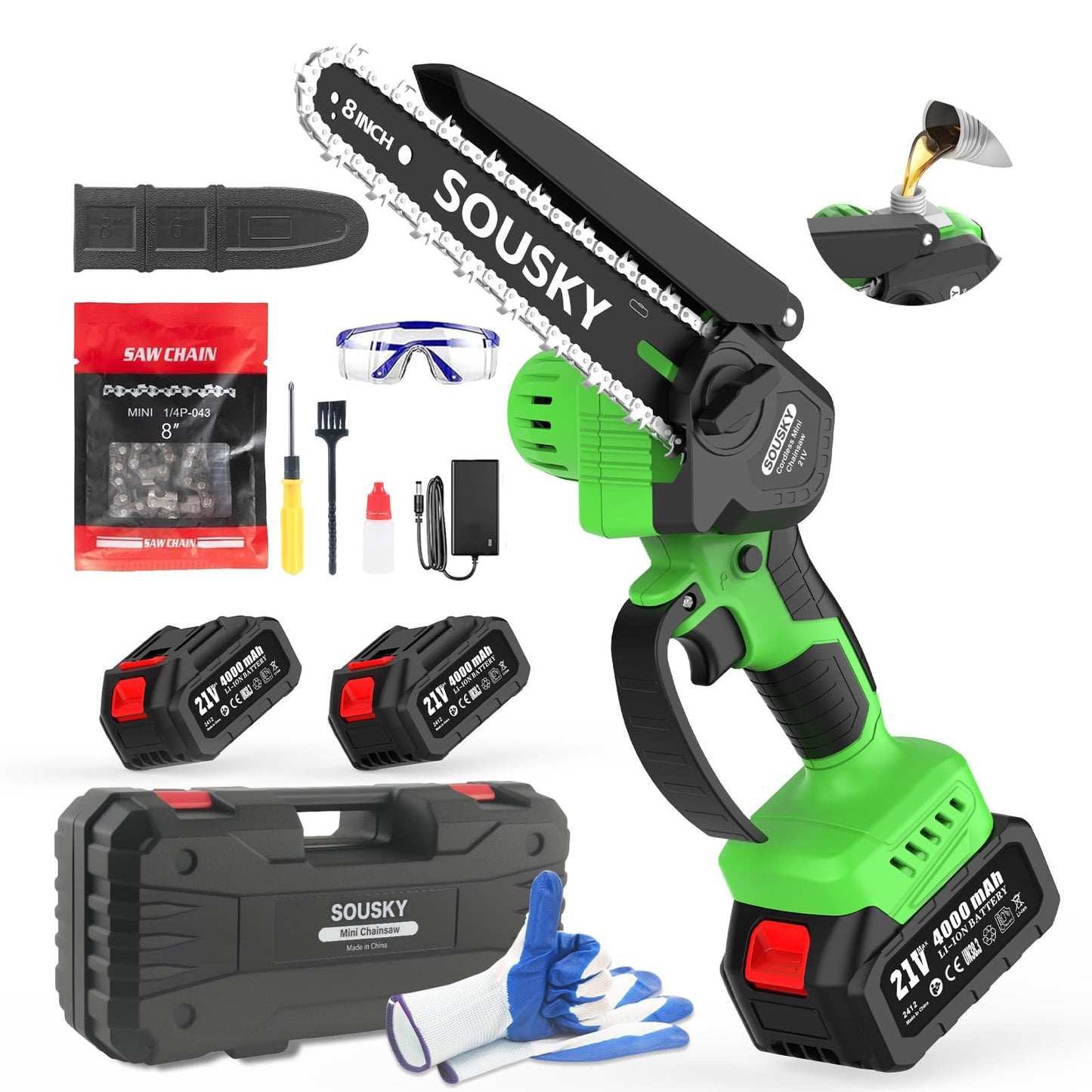 SOUSKY 8 Inch Brushless Mini Chainsaw Cordless, High-Power Battery Chainsaw with 2×4000mAh Batteries, Electric Handheld Power Chain Saw for Tree Trimming Wood Cutting
