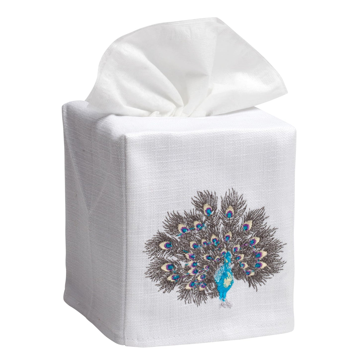 Jacaranda Living Square Tissue Box Cover, Linen/Cotton Fabric Tissue Holder, Decorative Cloth Tissue Cube Cover, Animal Designs Feathered Peacock, Turquoise, Pewter
